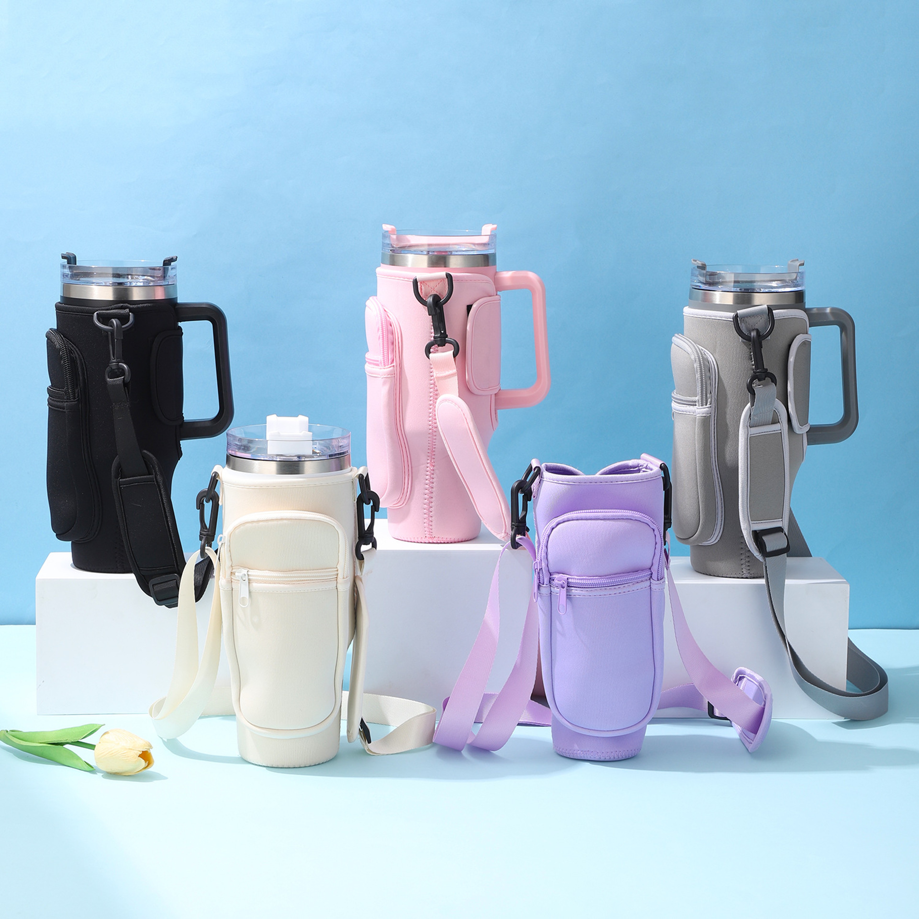 Large-Capacity CarCup Sleeves, Diving Fabric Ice Cup Sleeves, Handle Sleeves with Slanted Shoulder Straps, Availabl – view 1