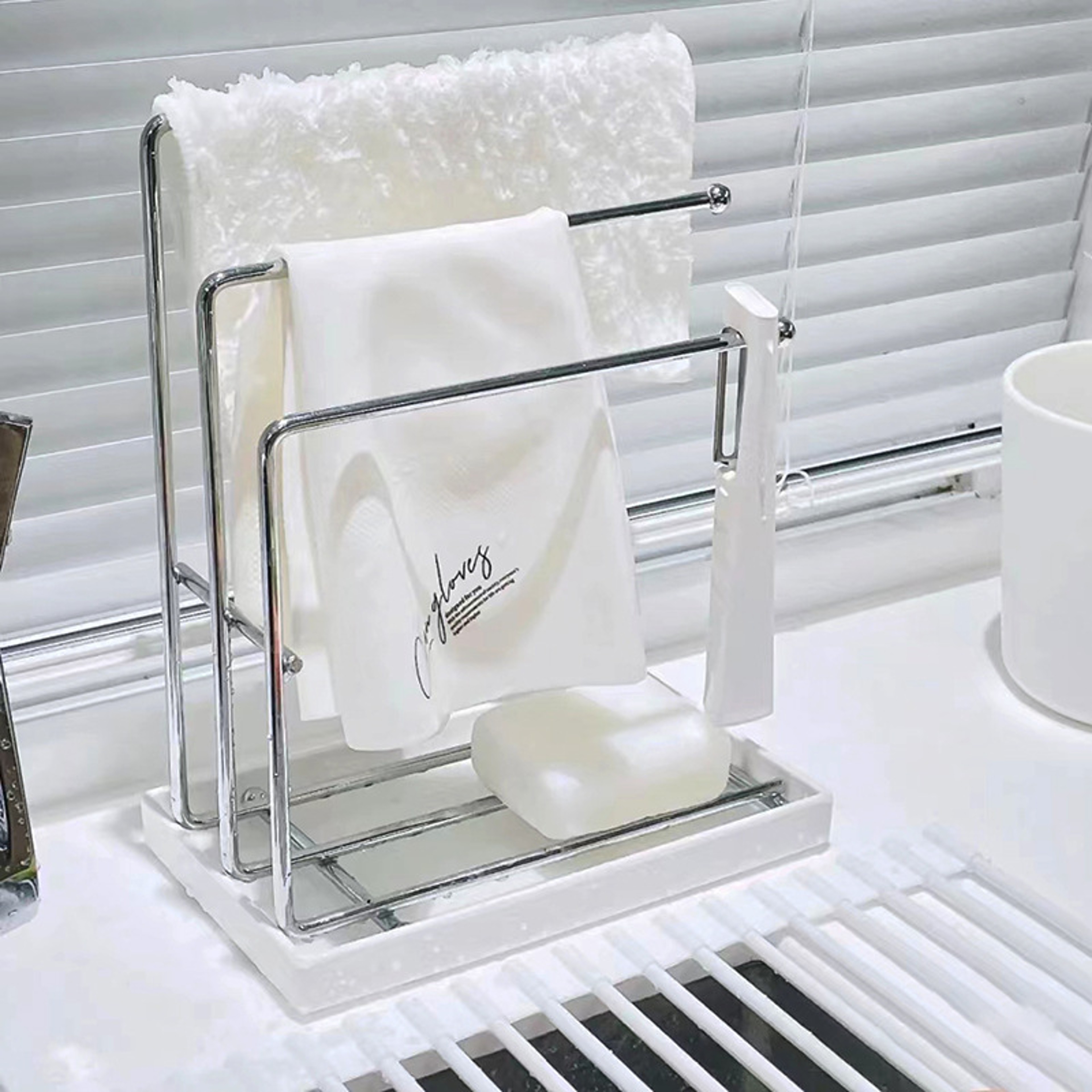 Drain Rag Rack, Kitchen Supplies Storage Rack, Household Counter top Organiser, Dishcloth Sponge Towel Holder – view 1