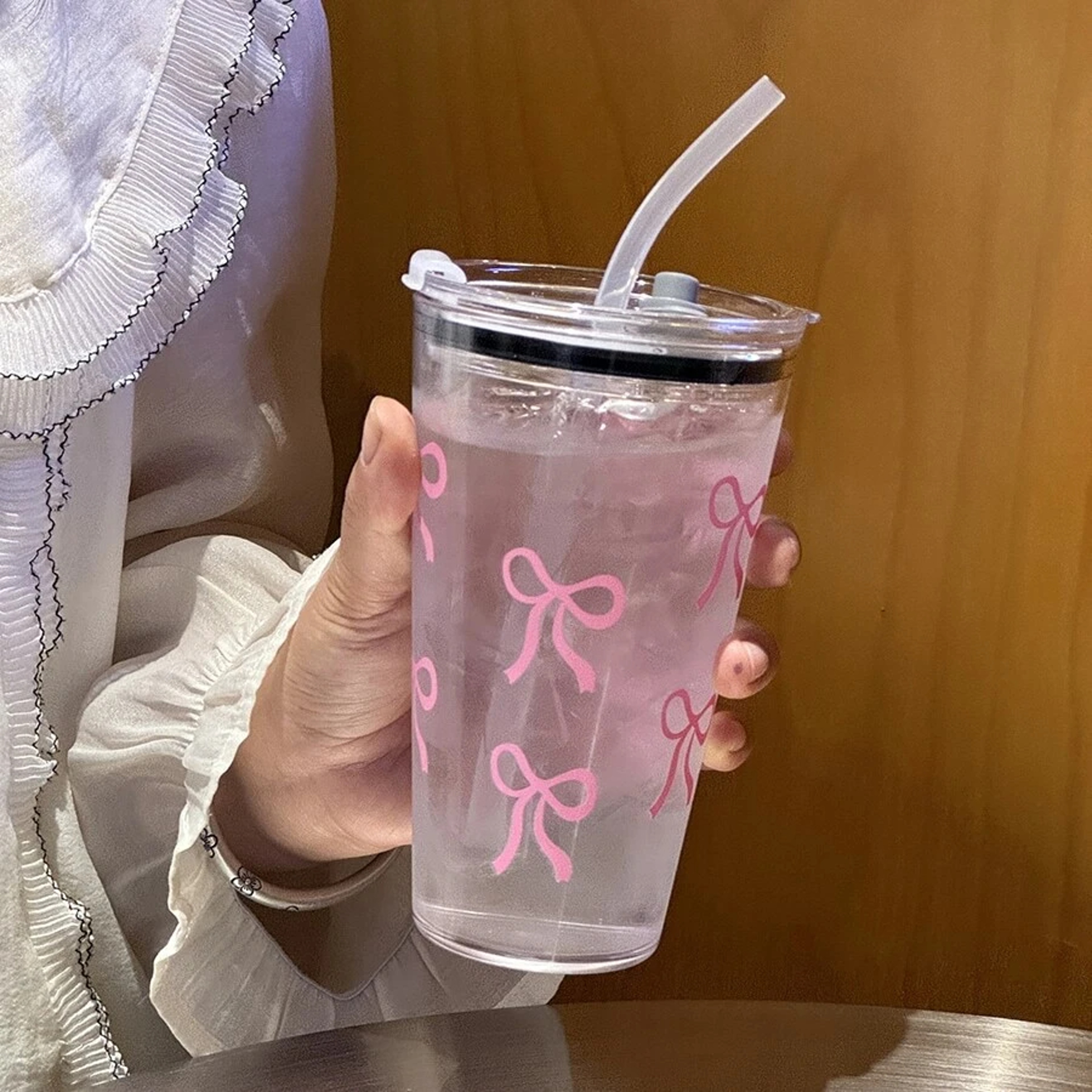 Pink Bow Plastic Cup, Transparent Milk Coffee Mug, Travel Outdoor Water Drinking Cup, Kitchen Water Cups with Straw – view 7