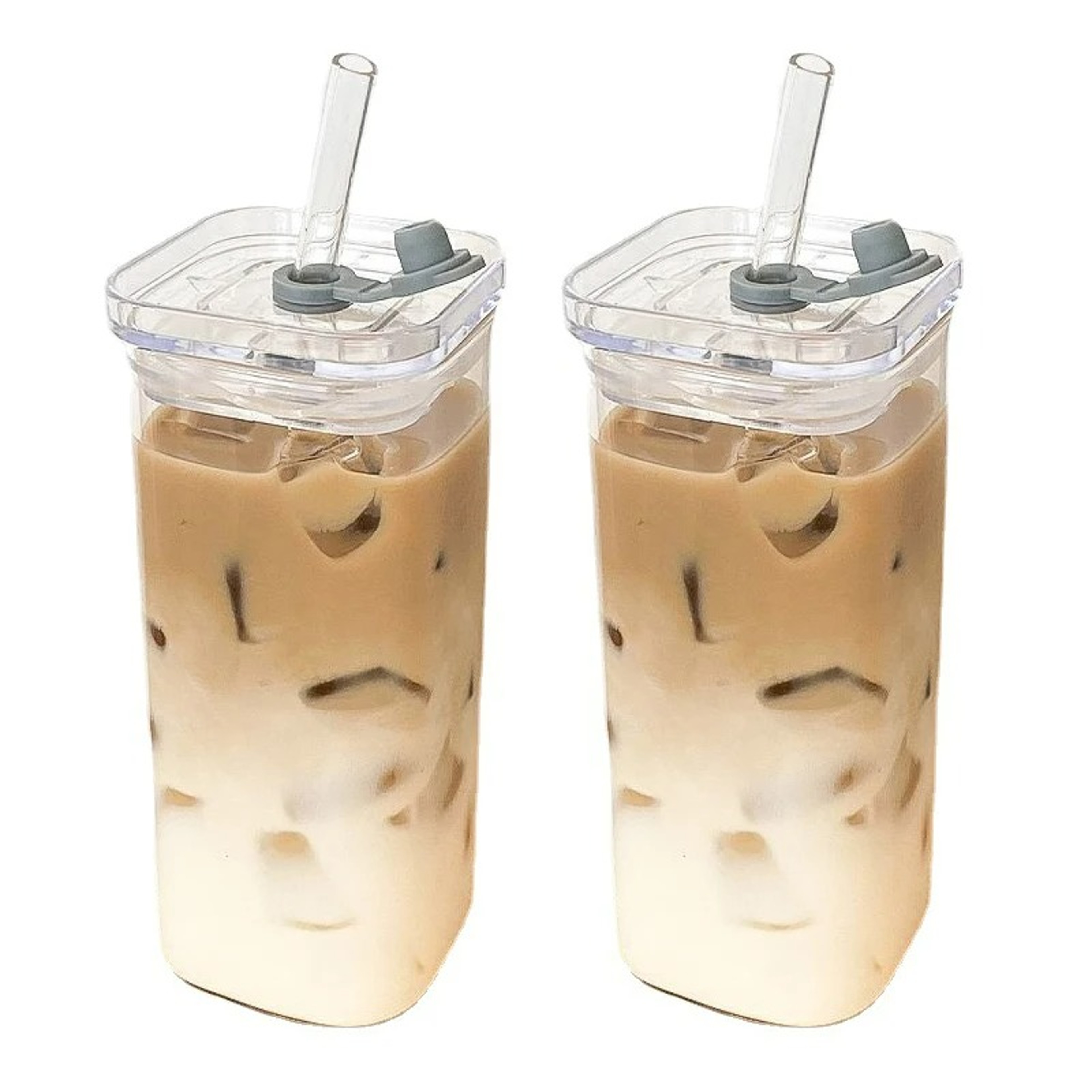 Square Coffee Glass Cup, Heat Resistant Mug, Transparent Milk Tea Juice Cup, With Lid and Straw, Home Bar Drink ware – view 1
