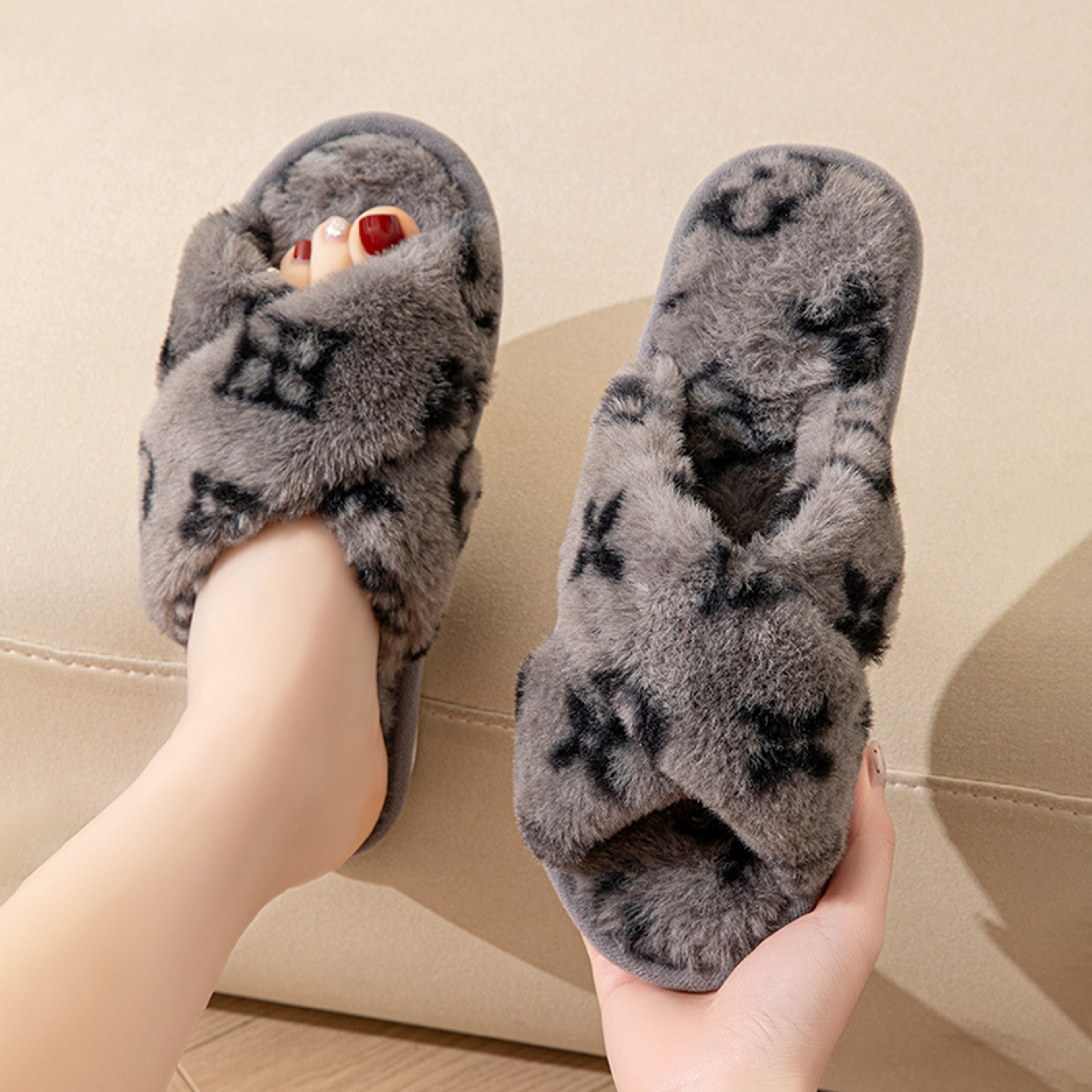 Fluffy Womens Slippers, Fashion Fuzzy Fur Slides, Autumn Winter Plush, Luxury Designer Flats, Elegant Home Footwear – view 5