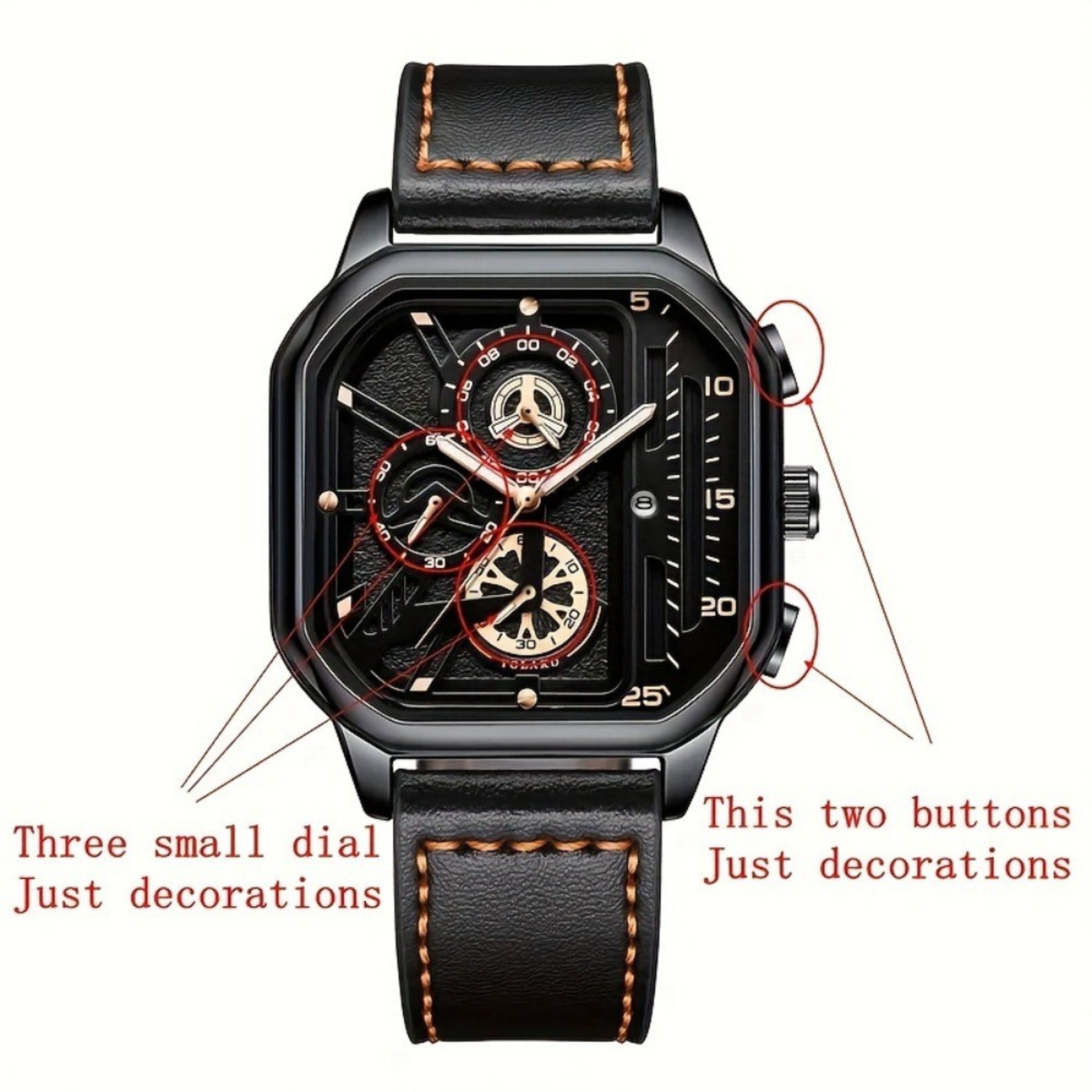 Luxury Big Dial Men Square Watch, Casual PU Leather Strap, Men Sports Watches – view 6