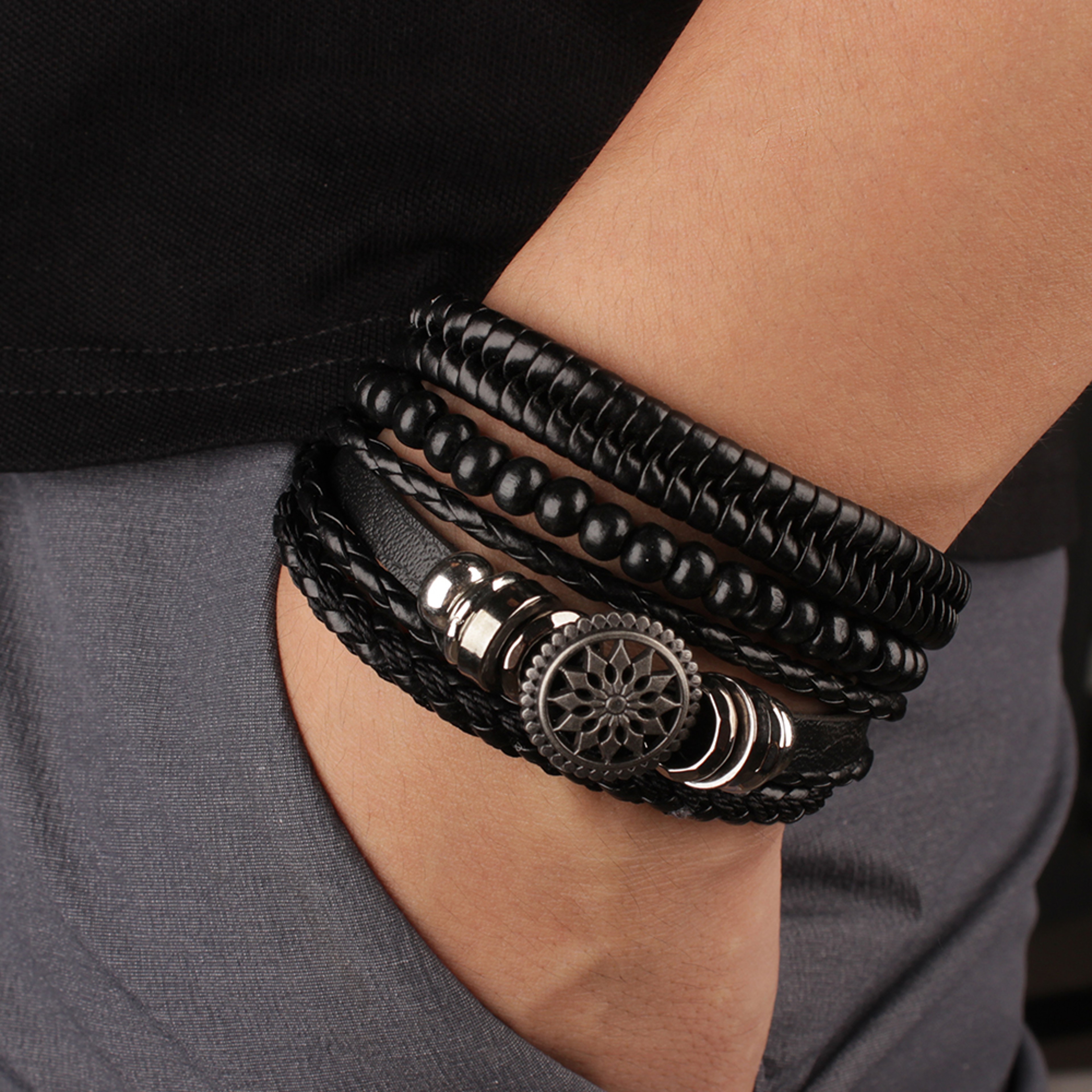 Braided Leather Bracelet Men Vintage Rope Wristband Life Tree Rudder Charm Ethnic Tribal Wood Beads 0