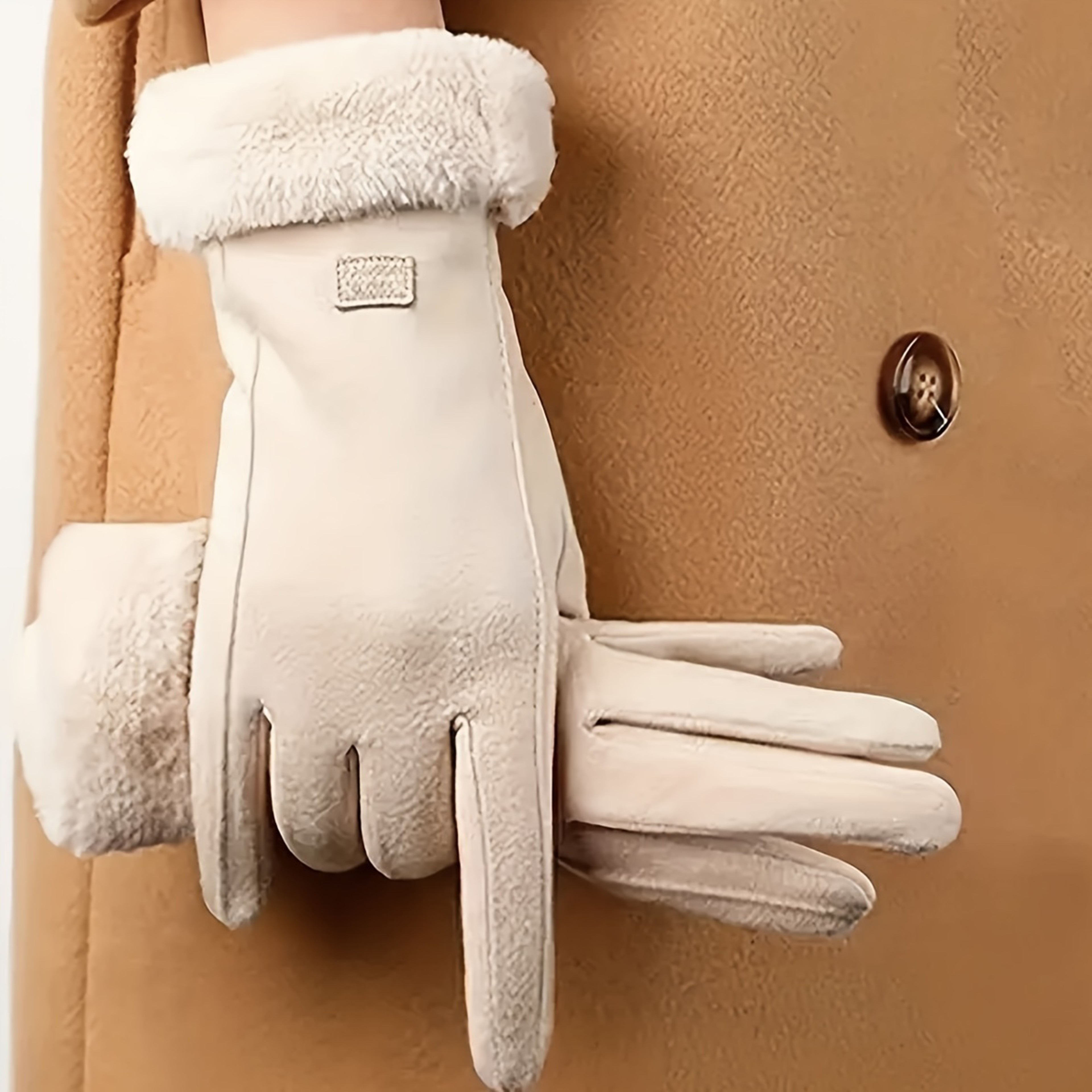 Comfortable beige gloves, plush-lined touchscreen winter gloves, warm thick protection for outdoor leisure – view 5