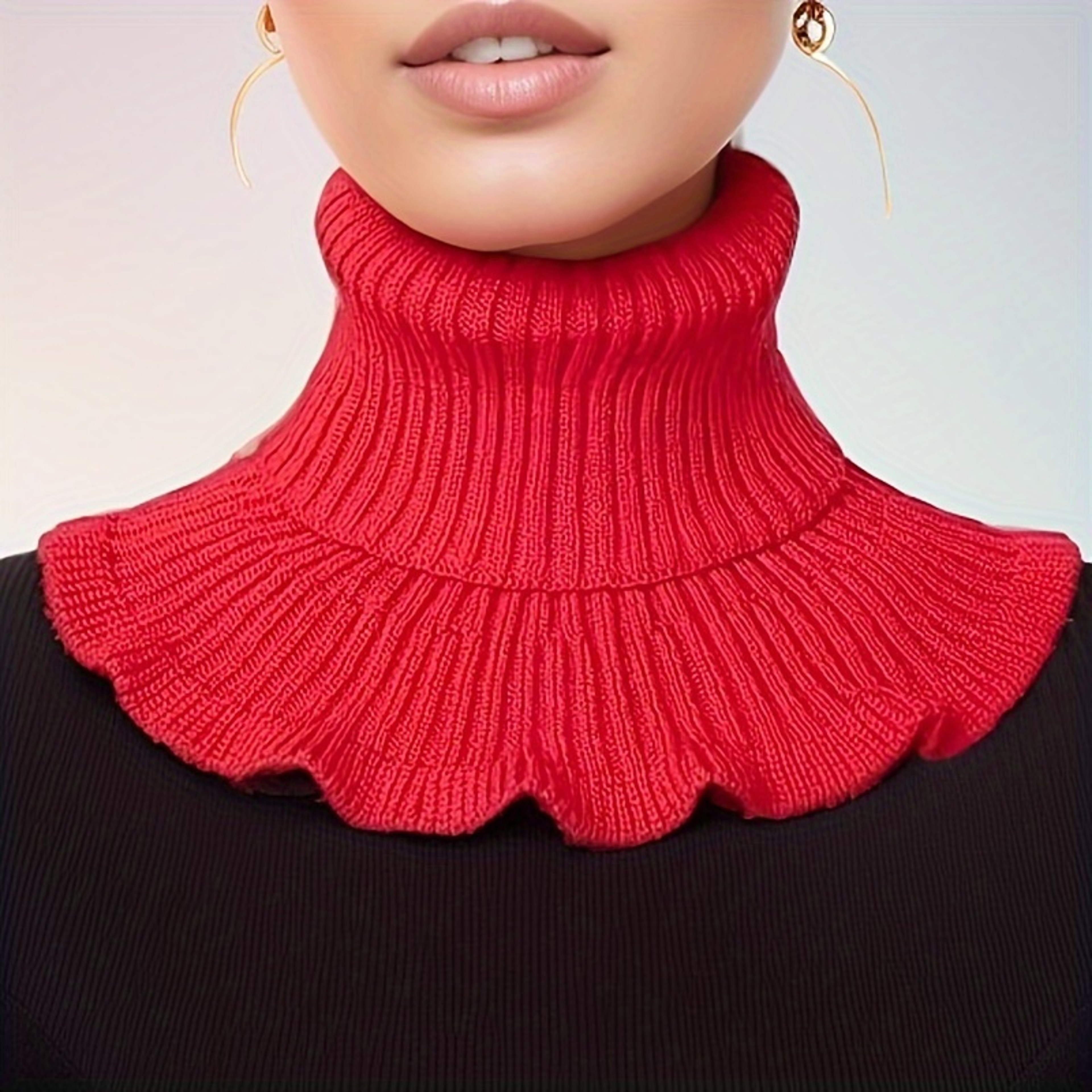 Fashionable Black And White Knitted False Neck Scarf Soft Thick Warm Ruffle Edge For Women 2