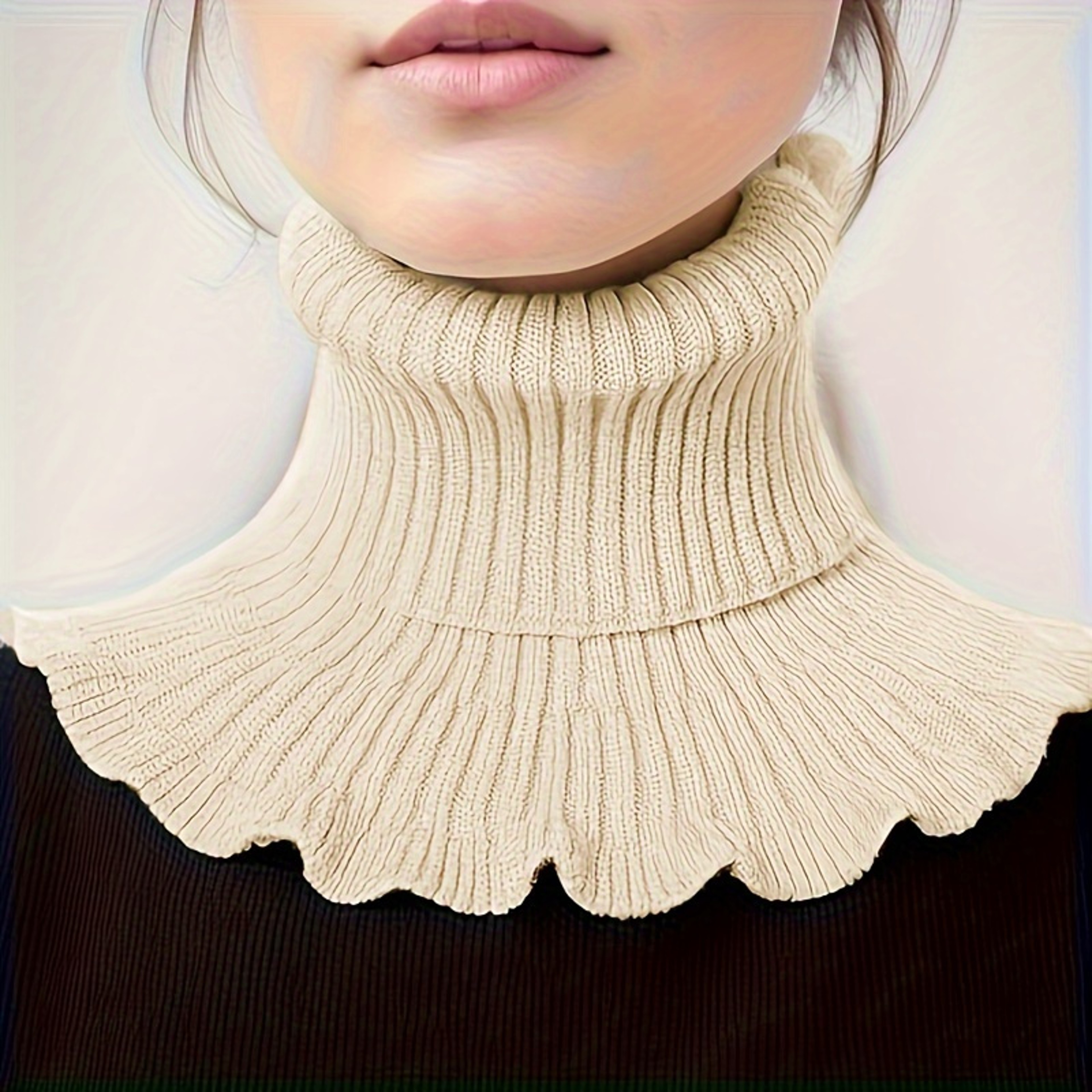 Fashionable Black And White Knitted False Neck Scarf Soft Thick Warm Ruffle Edge For Women 3