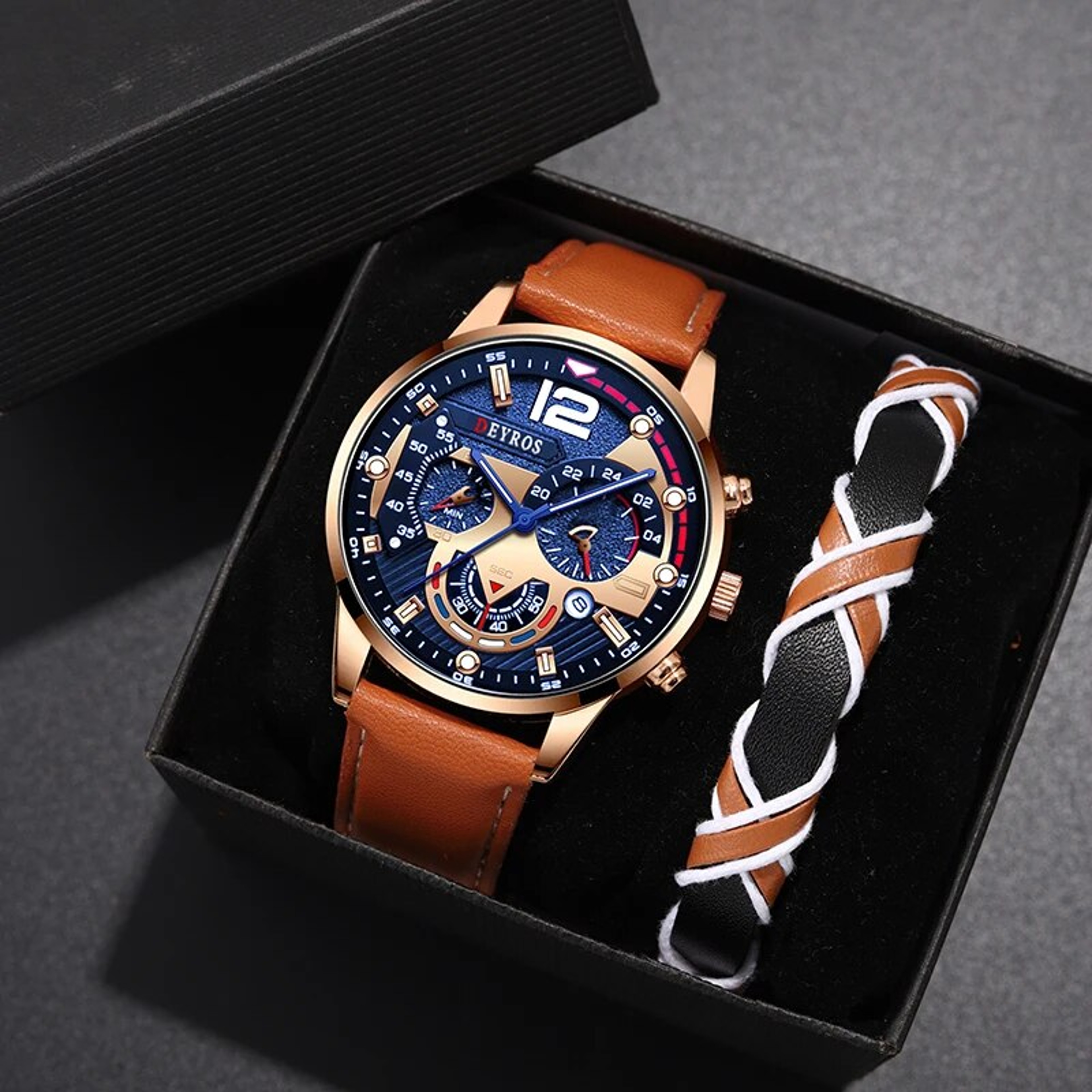 Fashion Men Calendar Watches, Luxury Brown Leather Quartz Watch, Business Casual Male Bracelet Wrist Watch – view 1