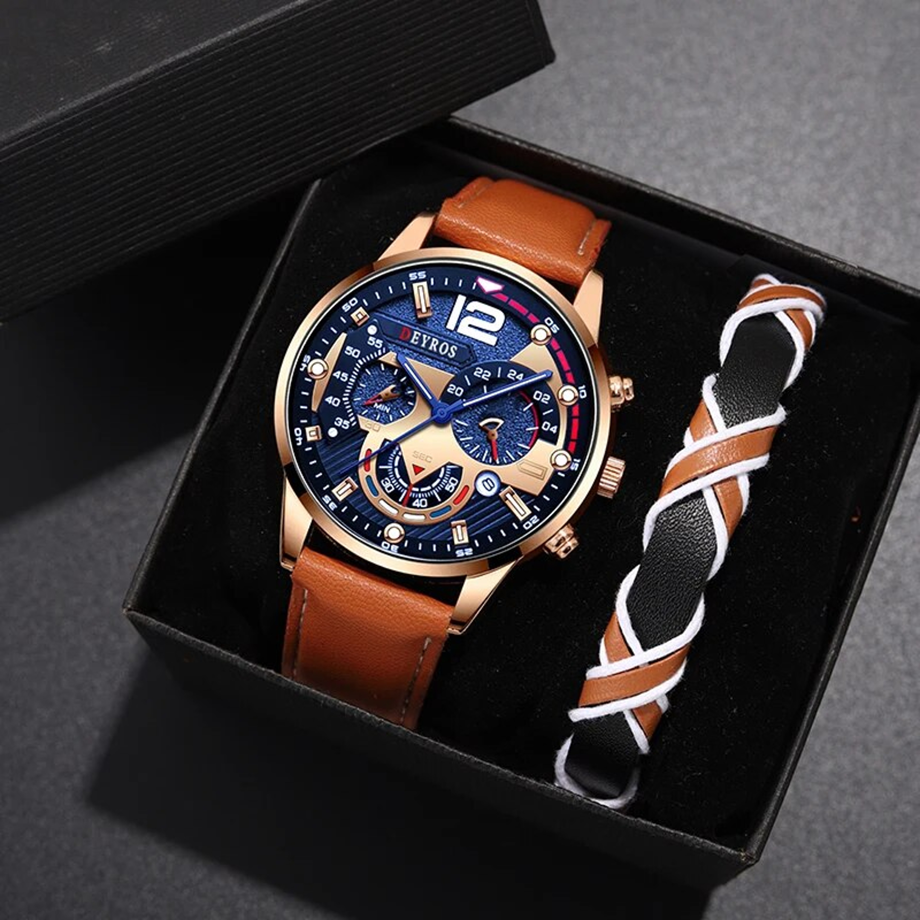 Fashion Men Calendar Watches, Luxury Brown Leather Quartz Watch, Business Casual Male Bracelet Wrist Watch – view 7