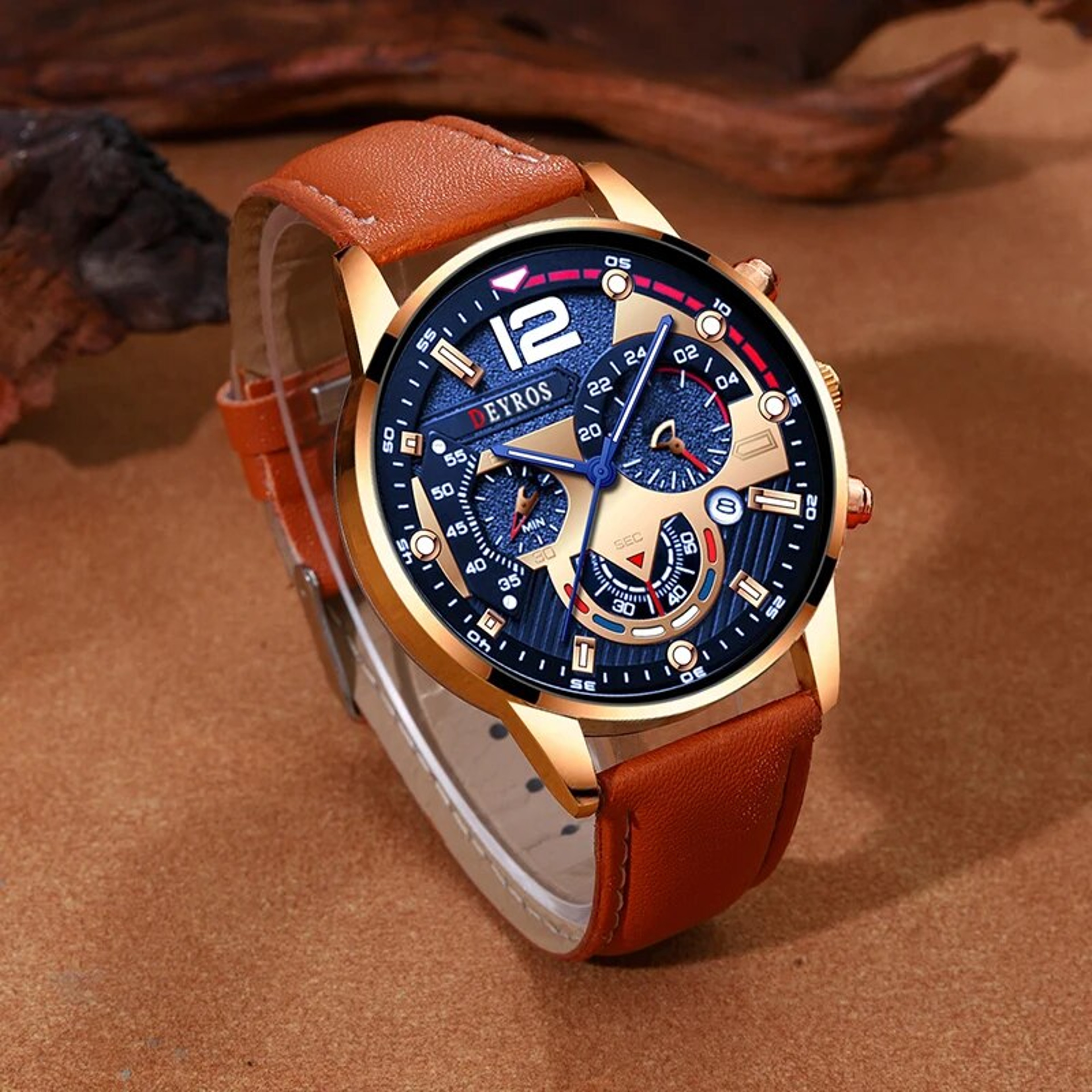 Fashion Men Calendar Watches, Luxury Brown Leather Quartz Watch, Business Casual Male Bracelet Wrist Watch – view 4
