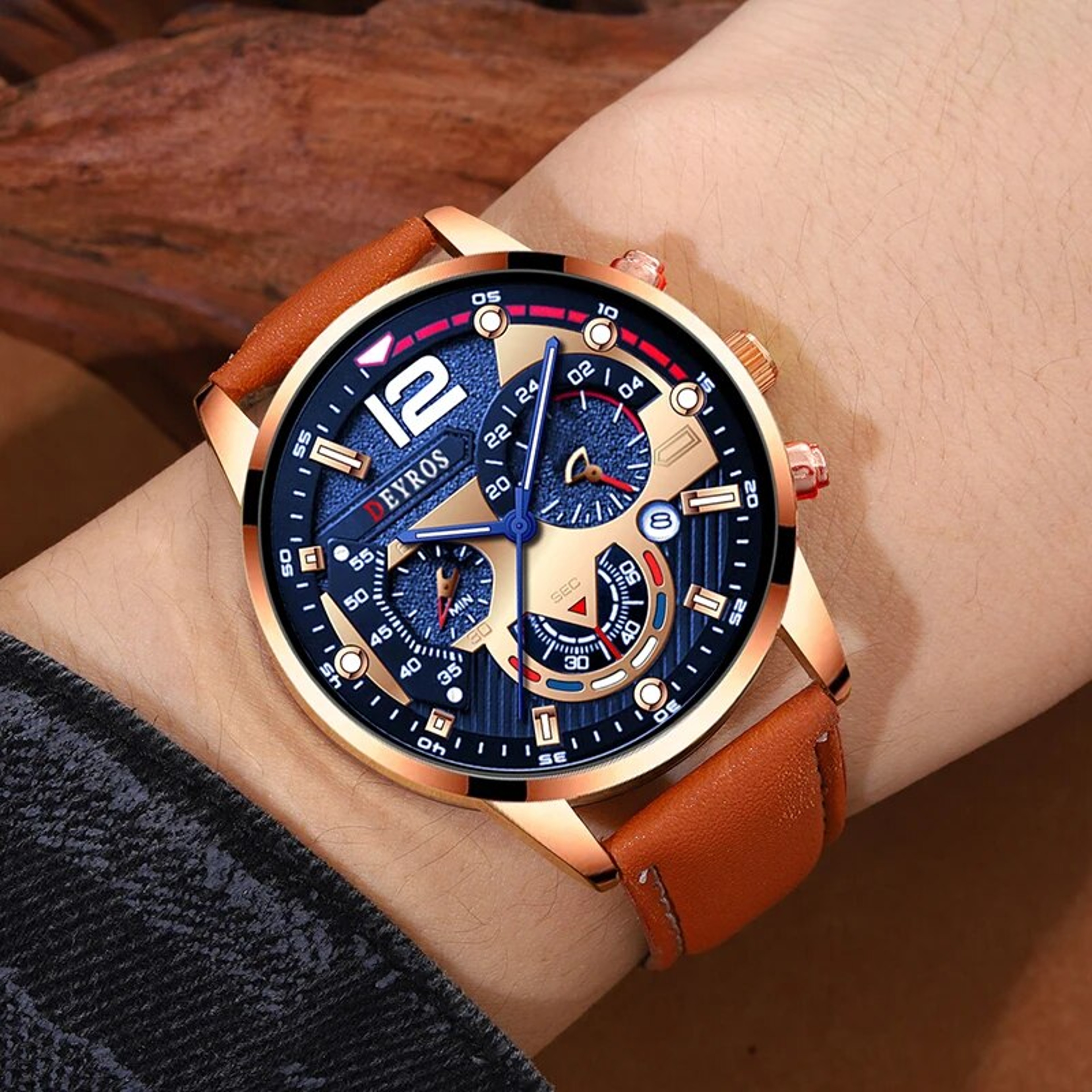 Fashion Men Calendar Watches, Luxury Brown Leather Quartz Watch, Business Casual Male Bracelet Wrist Watch – view 6