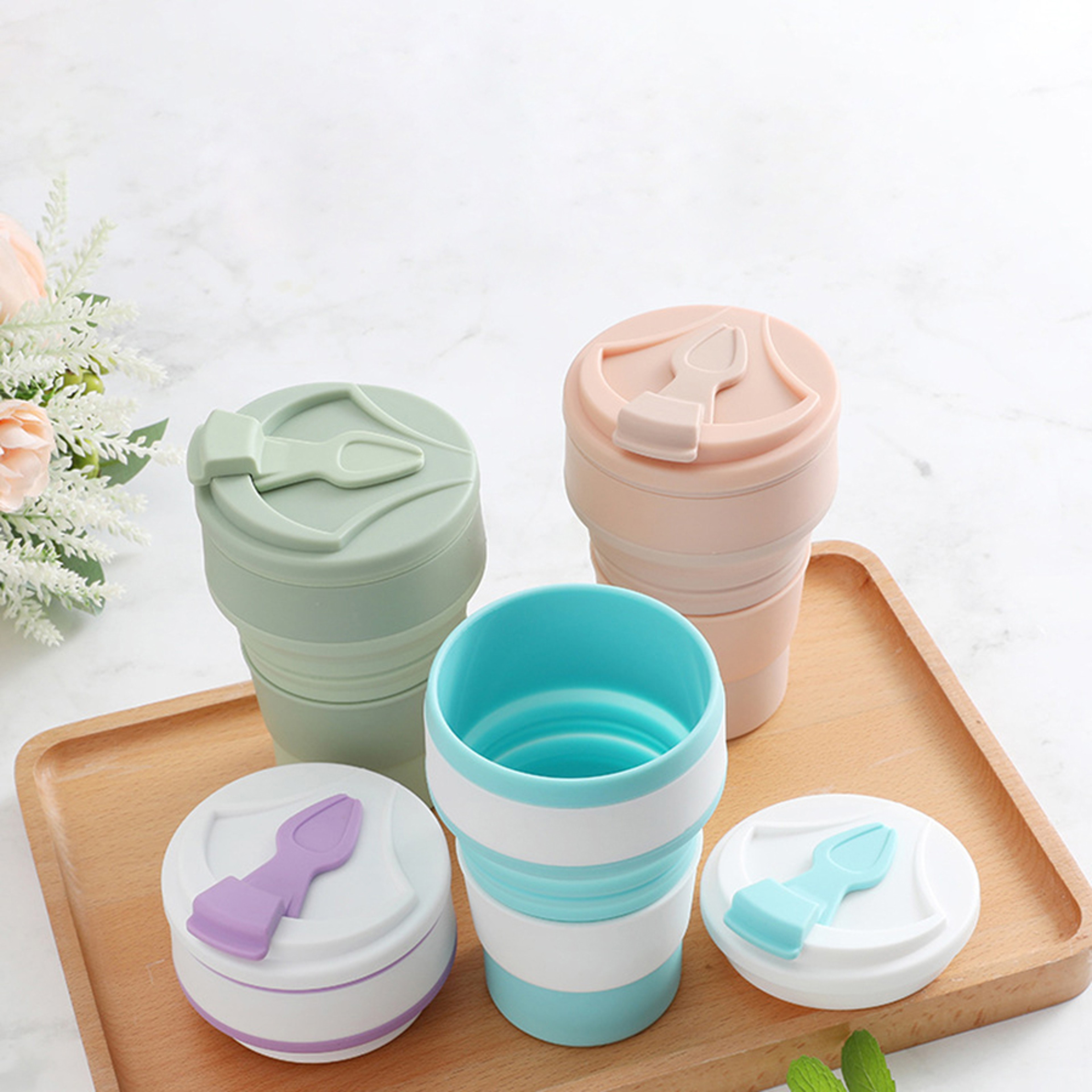 Food Grade Silicone Folding Cup With Lid Reusable Portable Coffee Cup For Travel And Camping 0