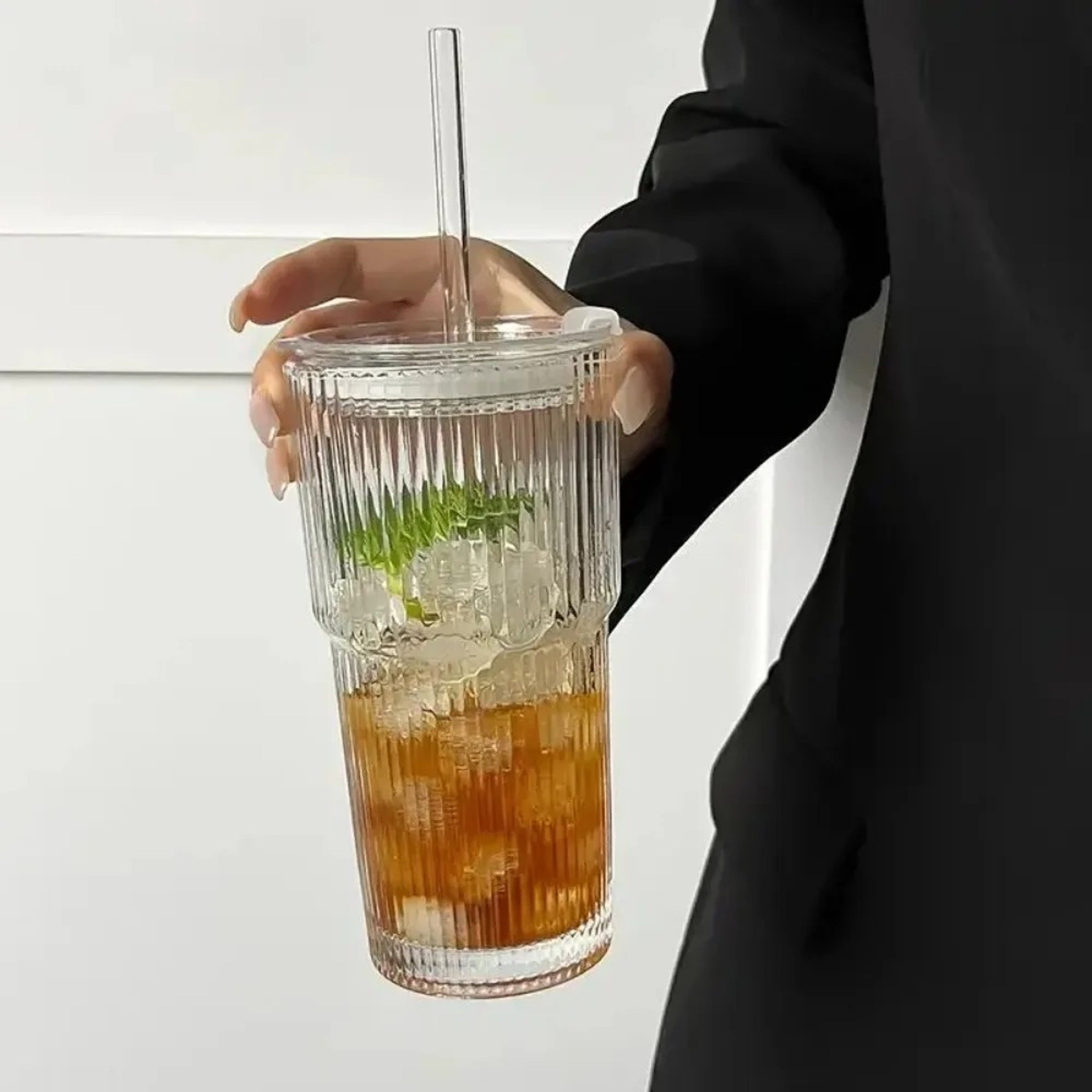 Stripe Glass Cup with Lid, Straw, Transparent Drinking Glasses for Juice, Water, and Iced Coffee – view 6