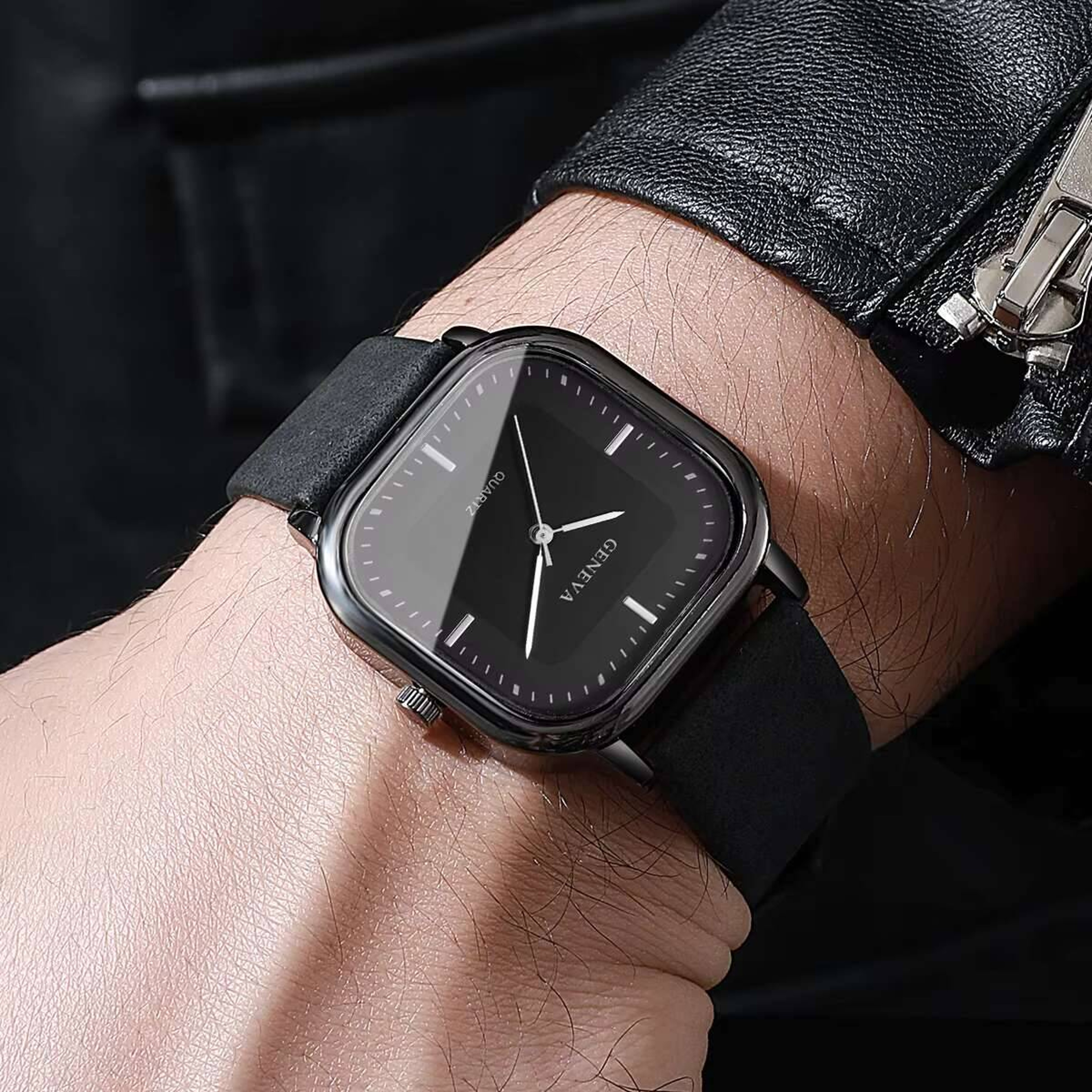Fashion Square Men Quartz Watch Minimalist Leather Strap Wrist Watch 2
