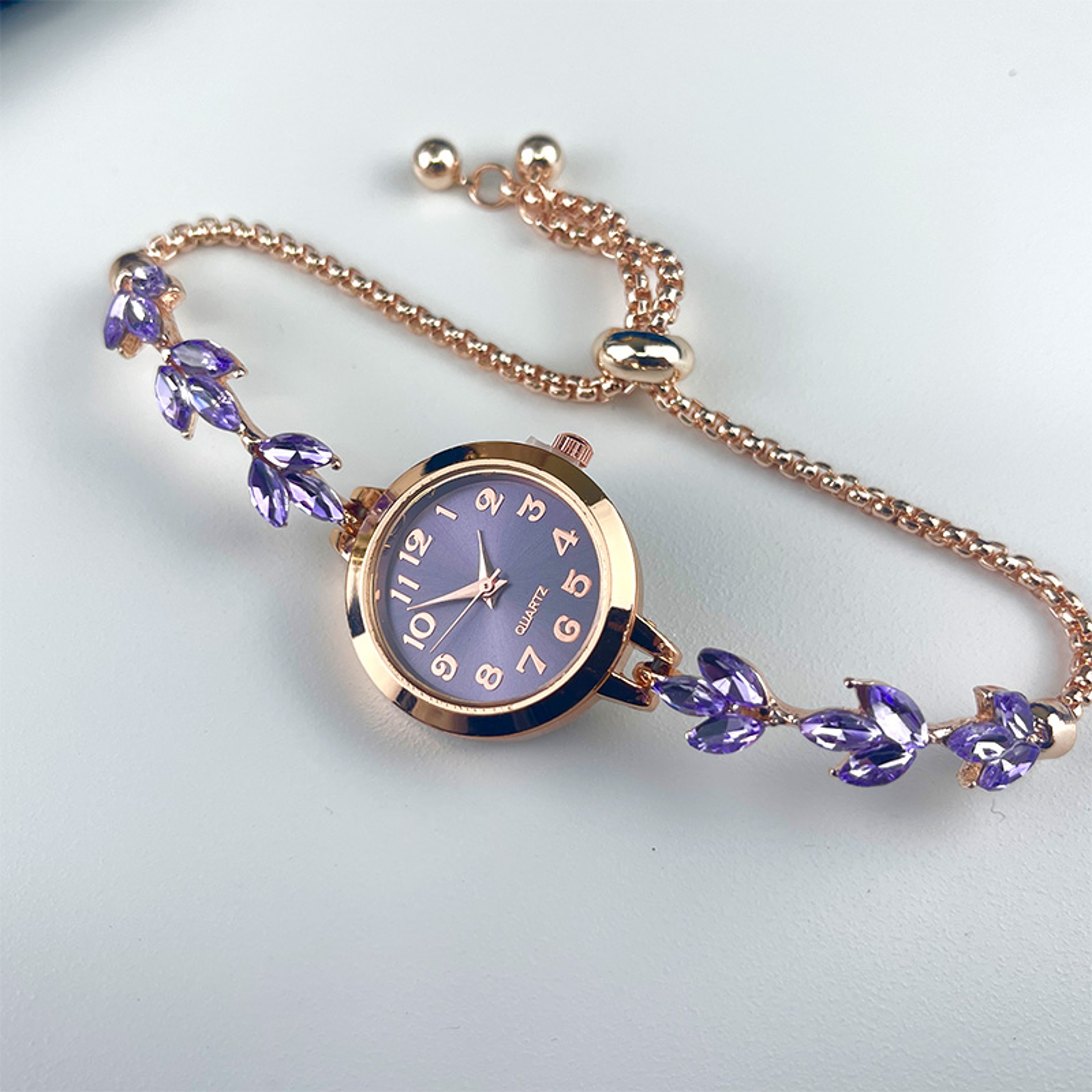 Elegant Ladies Quartz Watch, Round Alloy Case, Arabic Numeral Dial, Leaf-Shaped Diamond-Studded Bracelet – view 6