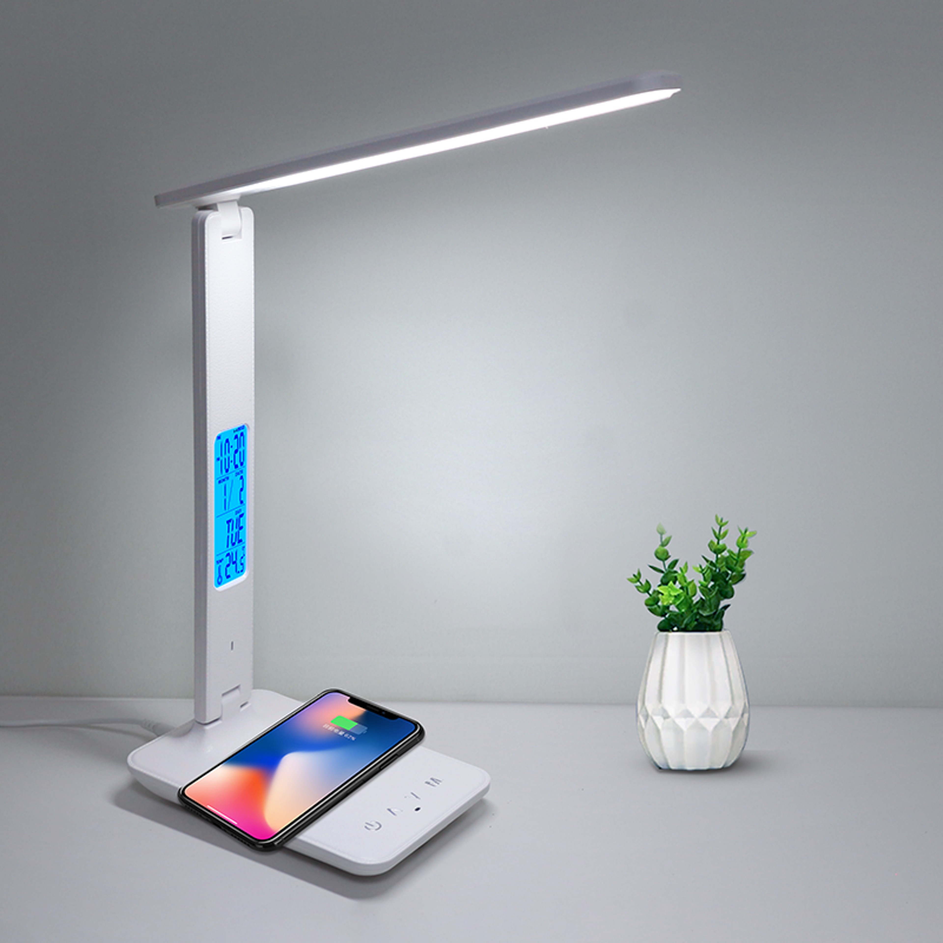 Wireless Charging LED Desk Lamp Calendar Temperature Display Eye Protect Study Light Alarm Clock Ta 0