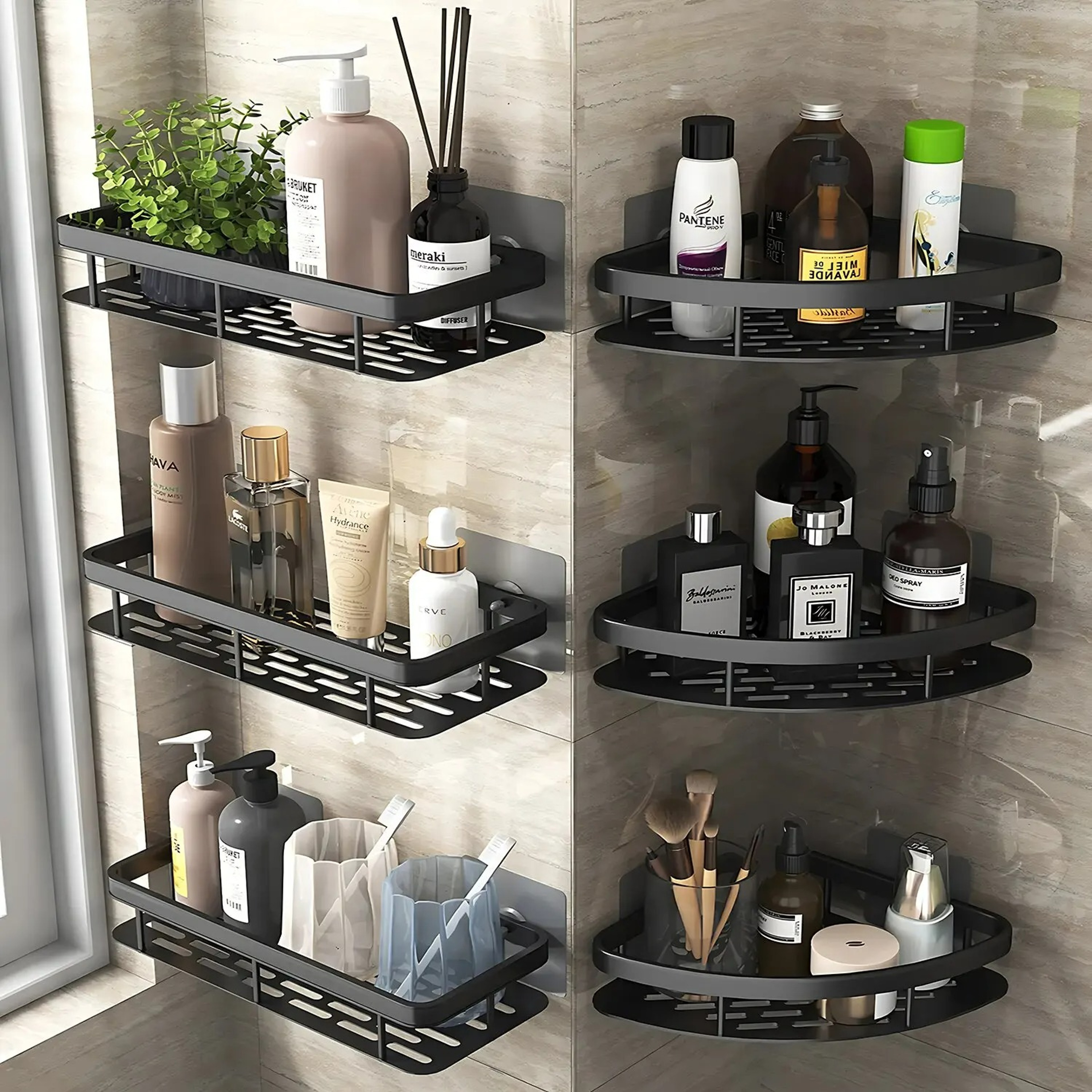 Wall Mounted Towel Rack Shower Shampoo Rack No Drill Tripod Corner Rectangular Bathroom Rack 0