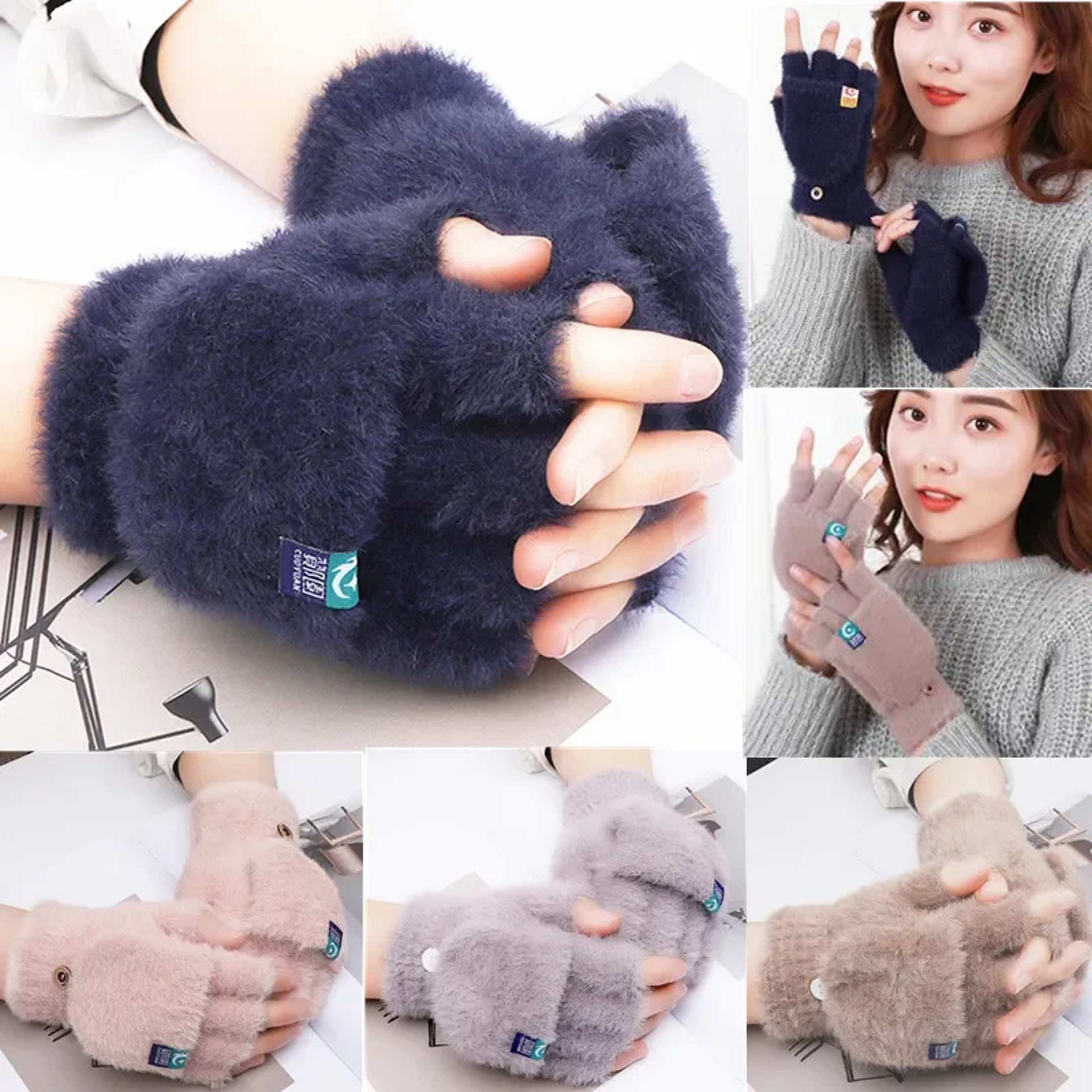 Plush Finger Less Gloves For Women Winter Mitten Soft Warm Flip Gloves Cold Protection For Students 0