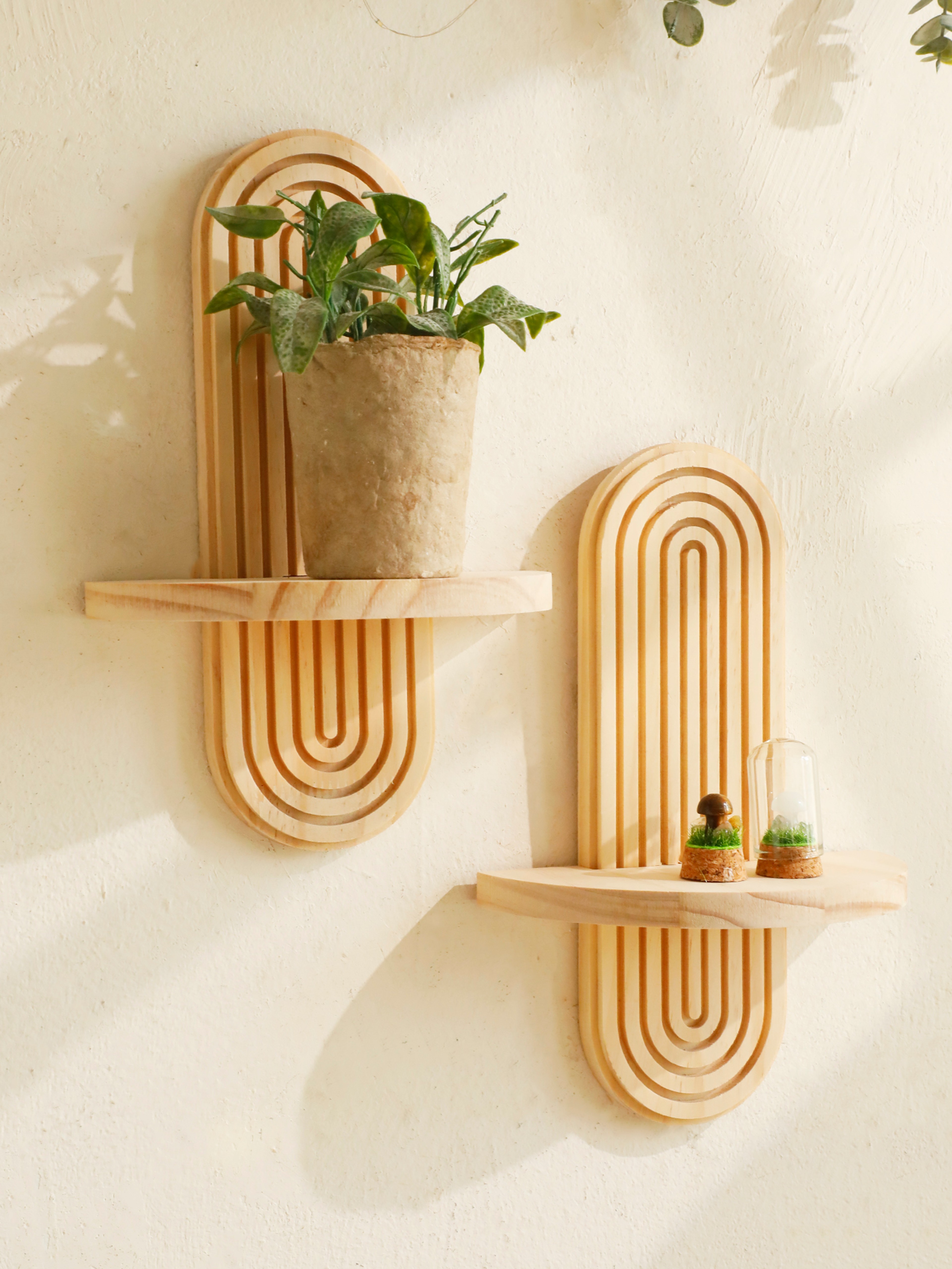 Style Wooden Wall Shelves Geometric Wall Mounted Shelves Modern Home Decor Natural Wood Finish Plan 0