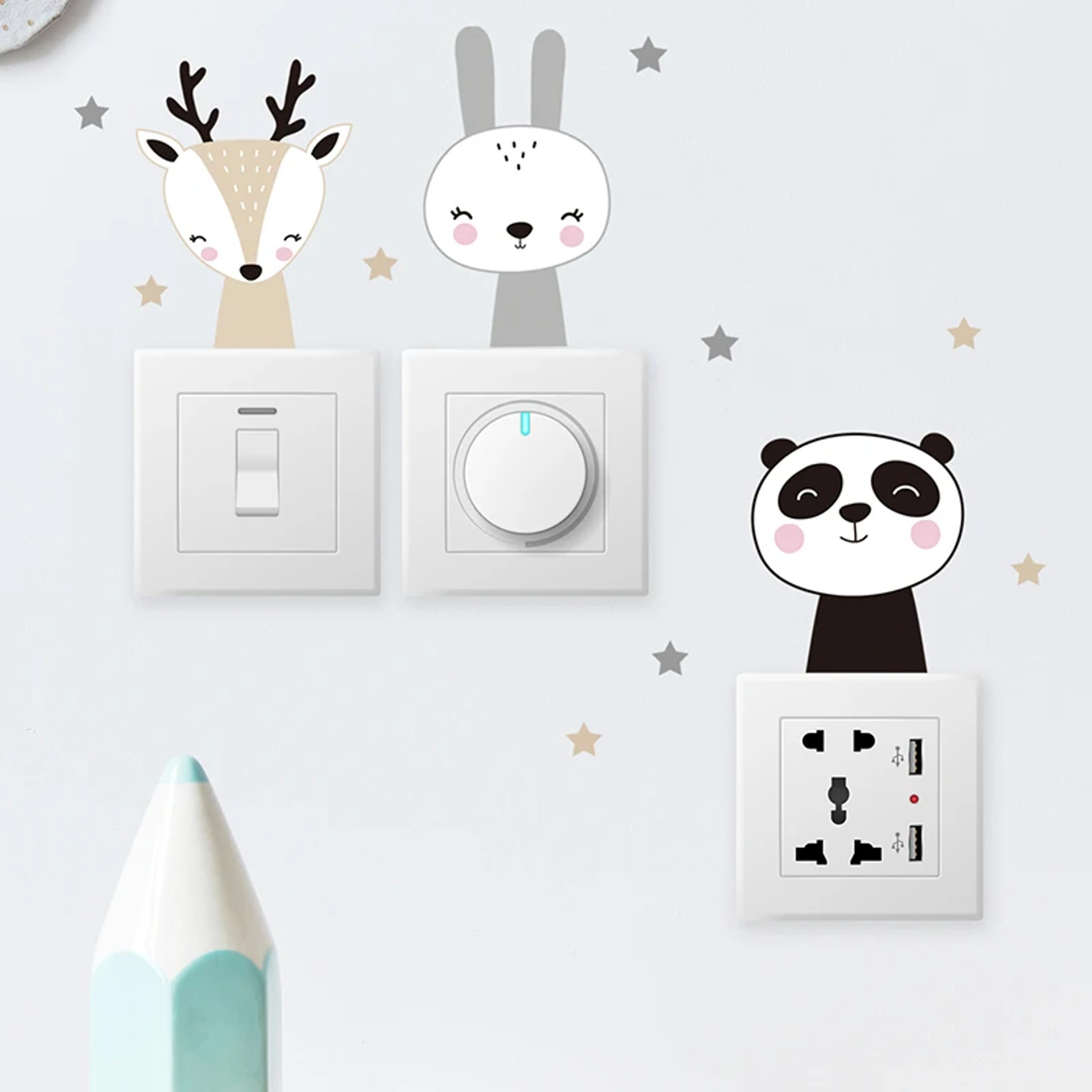 Colour Cute Smile Cartoon Animals, Switch Stickers for Wall, Kids Room Baby Nursery Room, Wall Decals Stars Home Decor – view 5