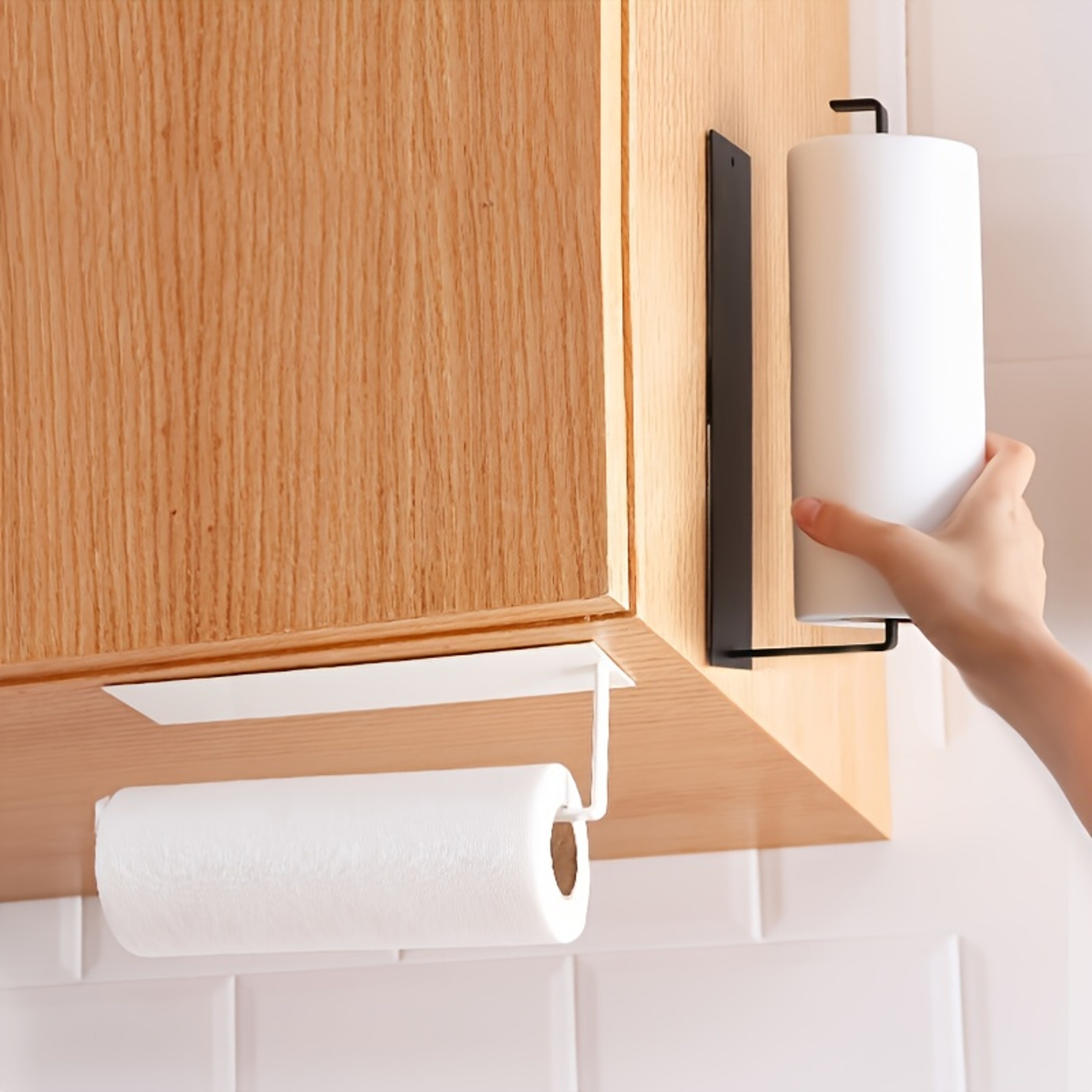 No Drill Adhesive Kitchen Paper Towel Holder, Carbon Steel Roll Hanger, Plastic Wrap Storage Rack – view 3