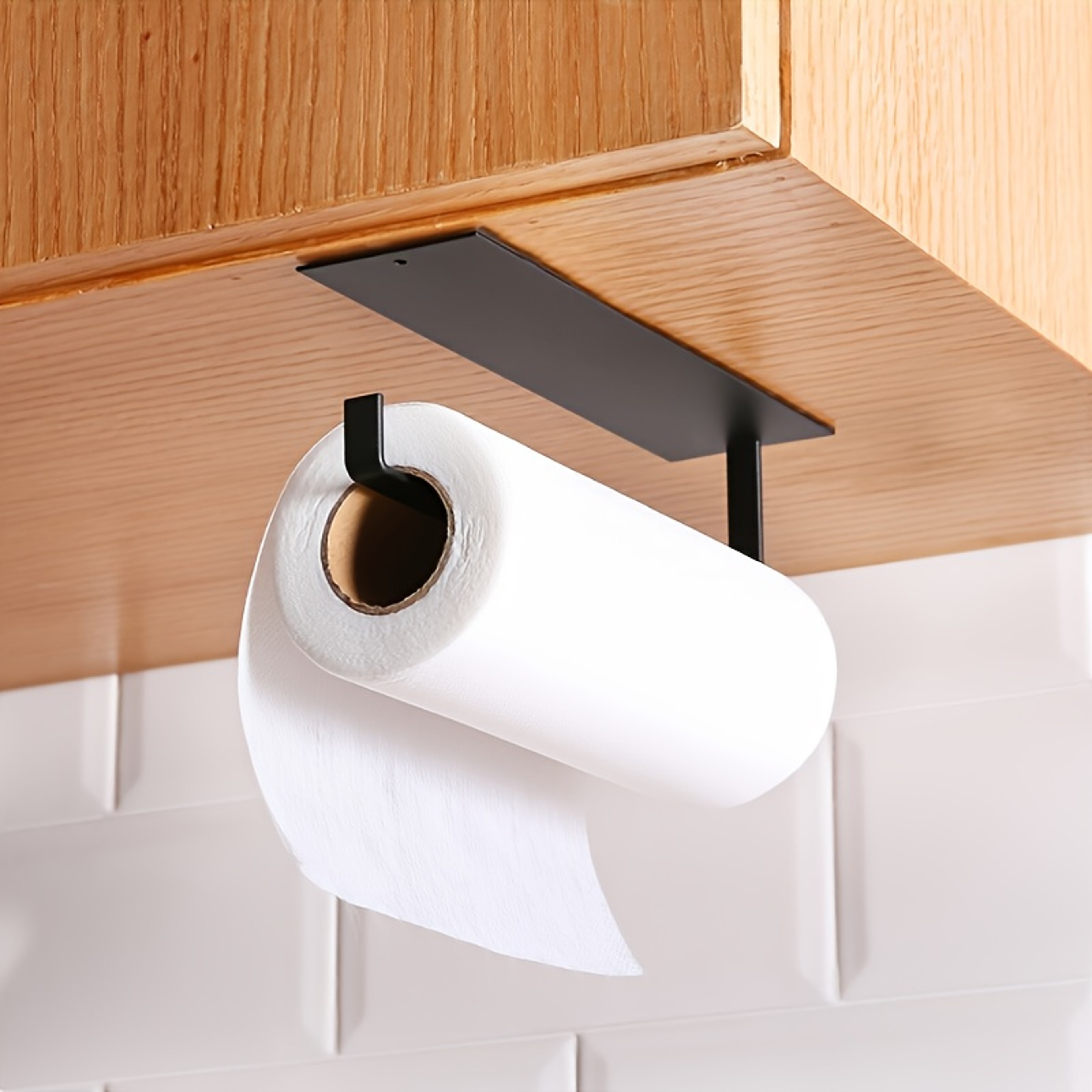No Drill Adhesive Kitchen Paper Towel Holder, Carbon Steel Roll Hanger, Plastic Wrap Storage Rack – view 5