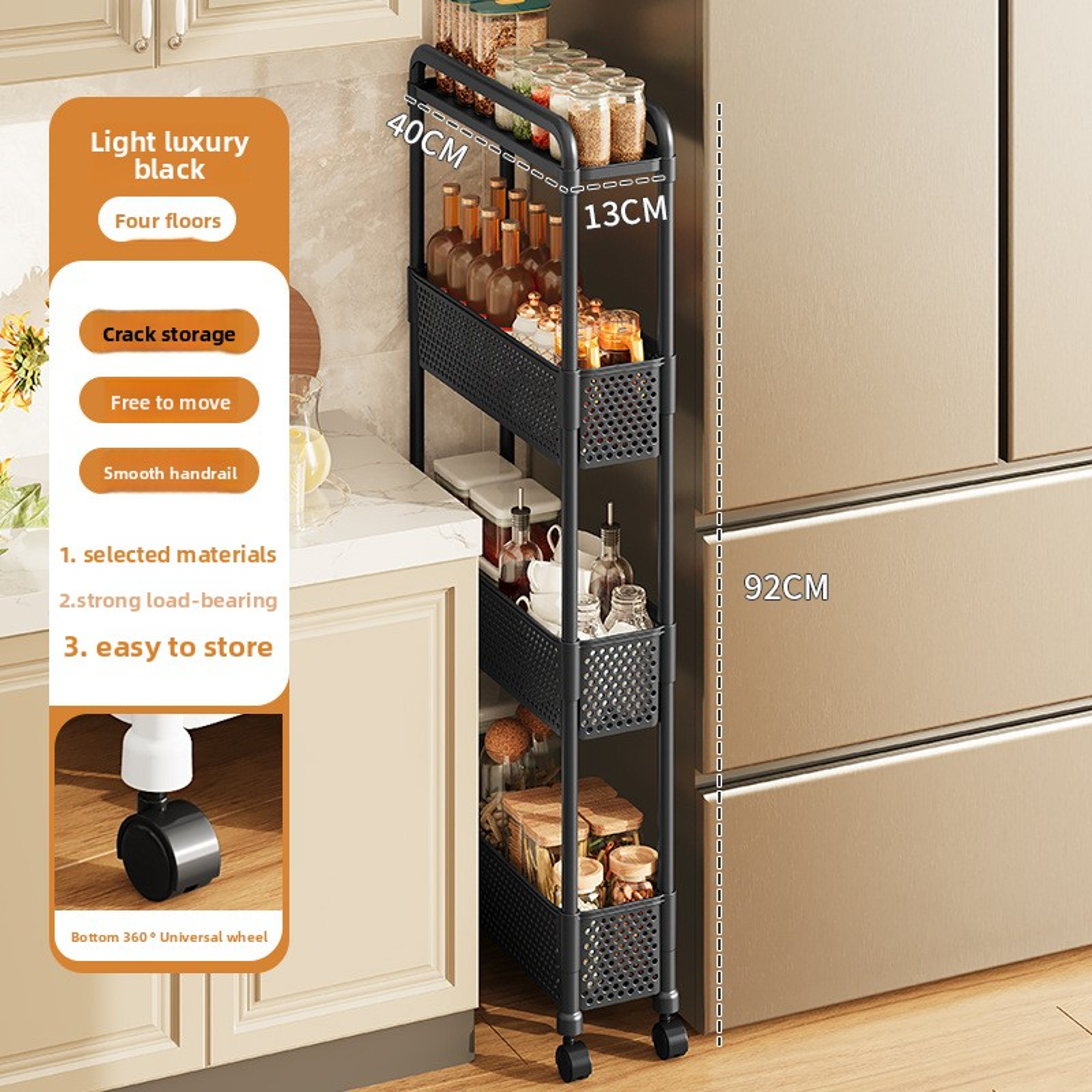 Movable Gap Storage Rack Narrow Household Floor Standing Cart For Kitchen Living Room 11