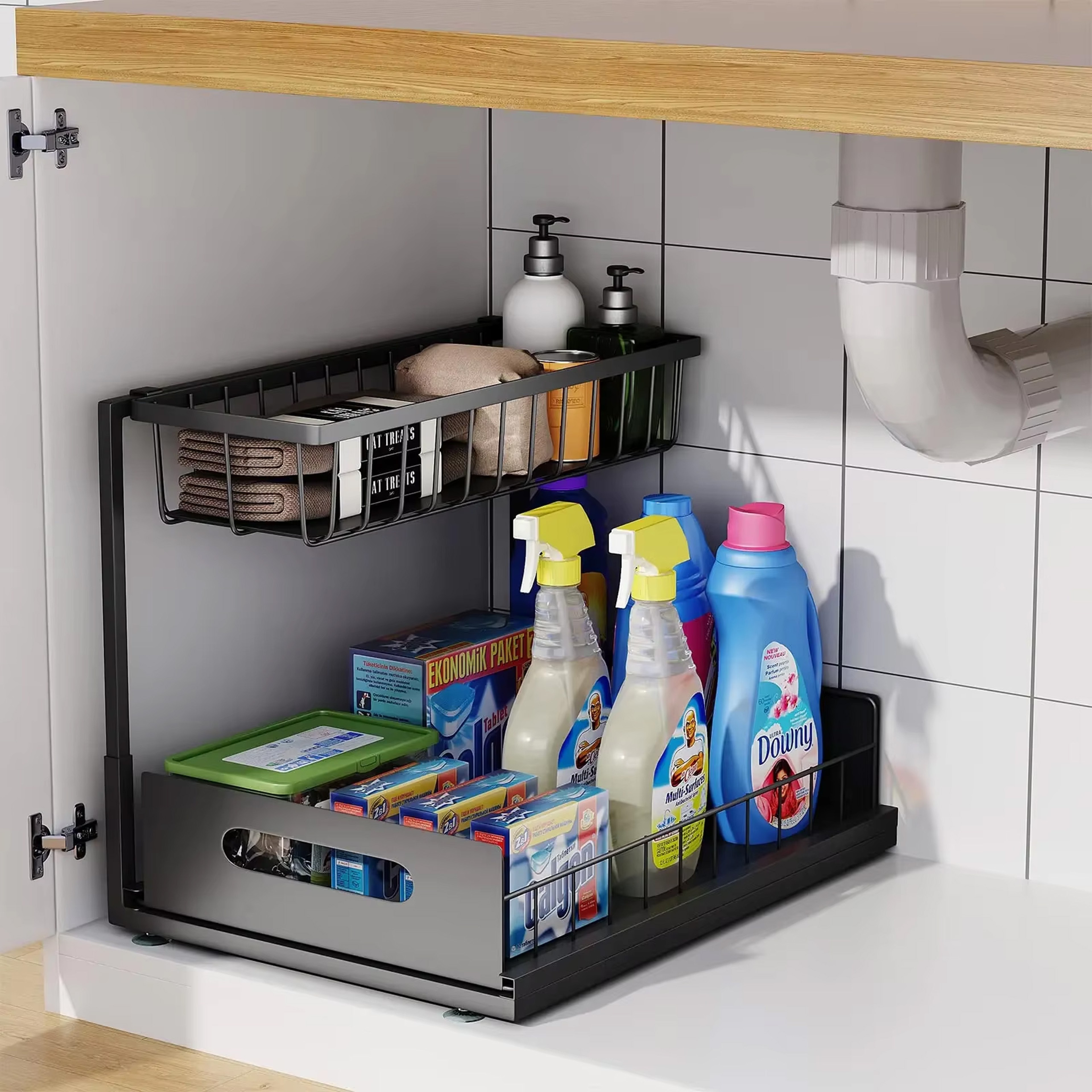 Under Sink Sliding Cabinet Basket Organiser Pull Out Drawer For Bathroom Kitchen Storage 0