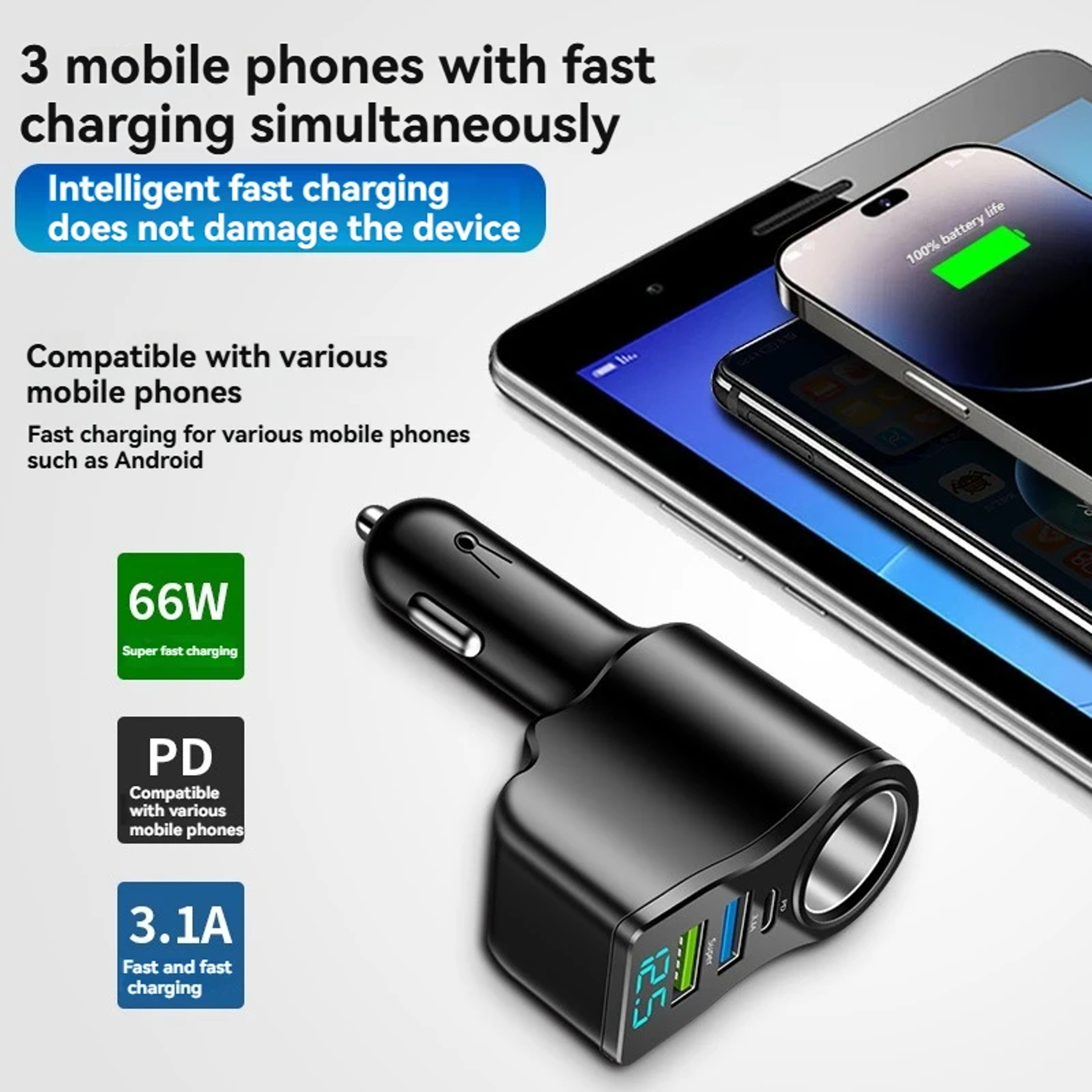 Digital Display Car Charger Dual USB Multifunctional OnetoThree Cigarette Lighter Fast Charging 5