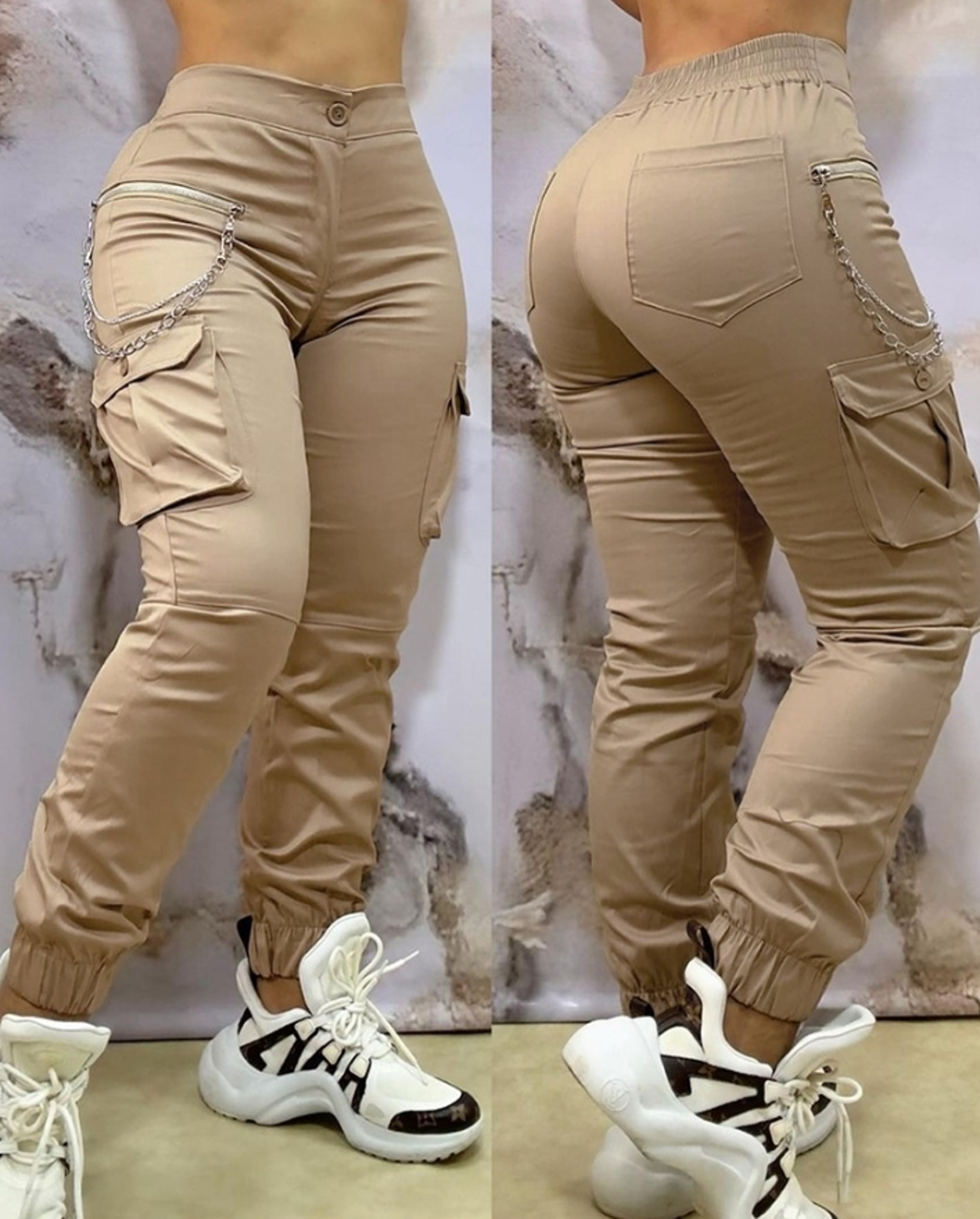 Women Casual Work Pants Autumn Winter Cuffed Cargo Pants With Chain Decor 0