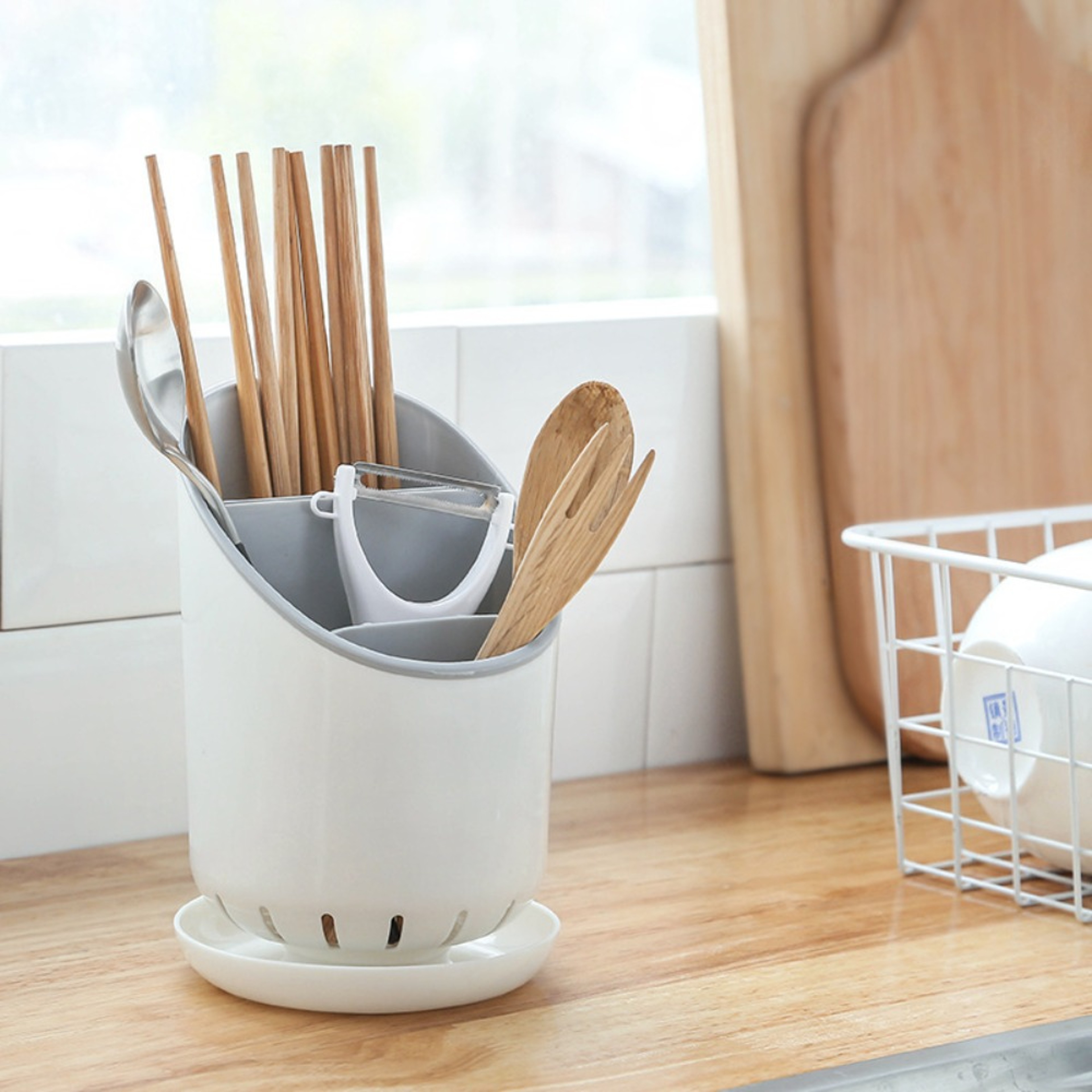 Space Saving Table ware Storage Rack with Tray, Detachable Chop stick Holder, and Drainage Hole – view 9