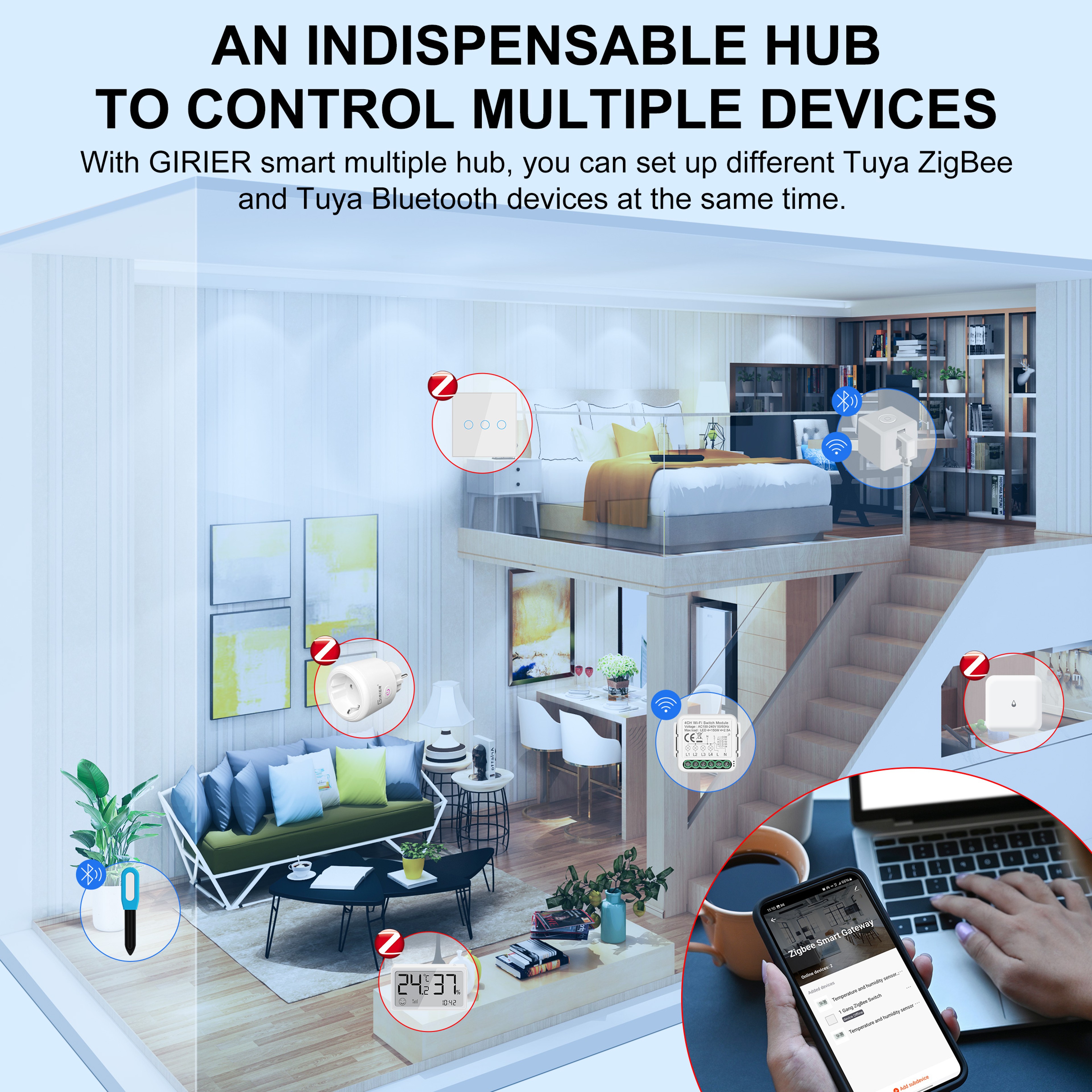 GIRIER Tuya ZigBee Gateway Hub Plugin Type Multimode ZigBee Bluetooth Gateway Bridge For Smart Home 4