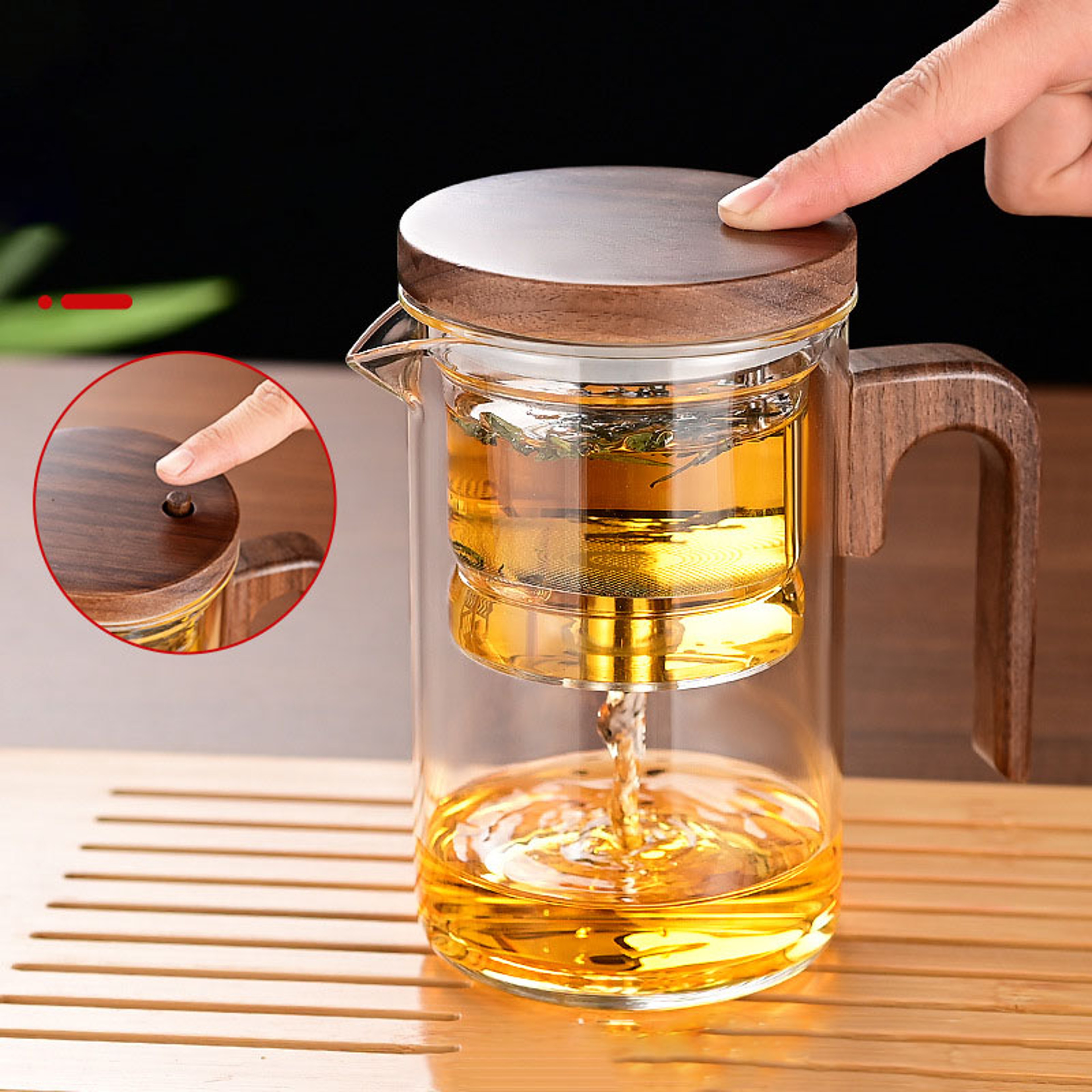 New Tea Pot With Magnetic Switch Glass Wood Handle Tea Separation 5