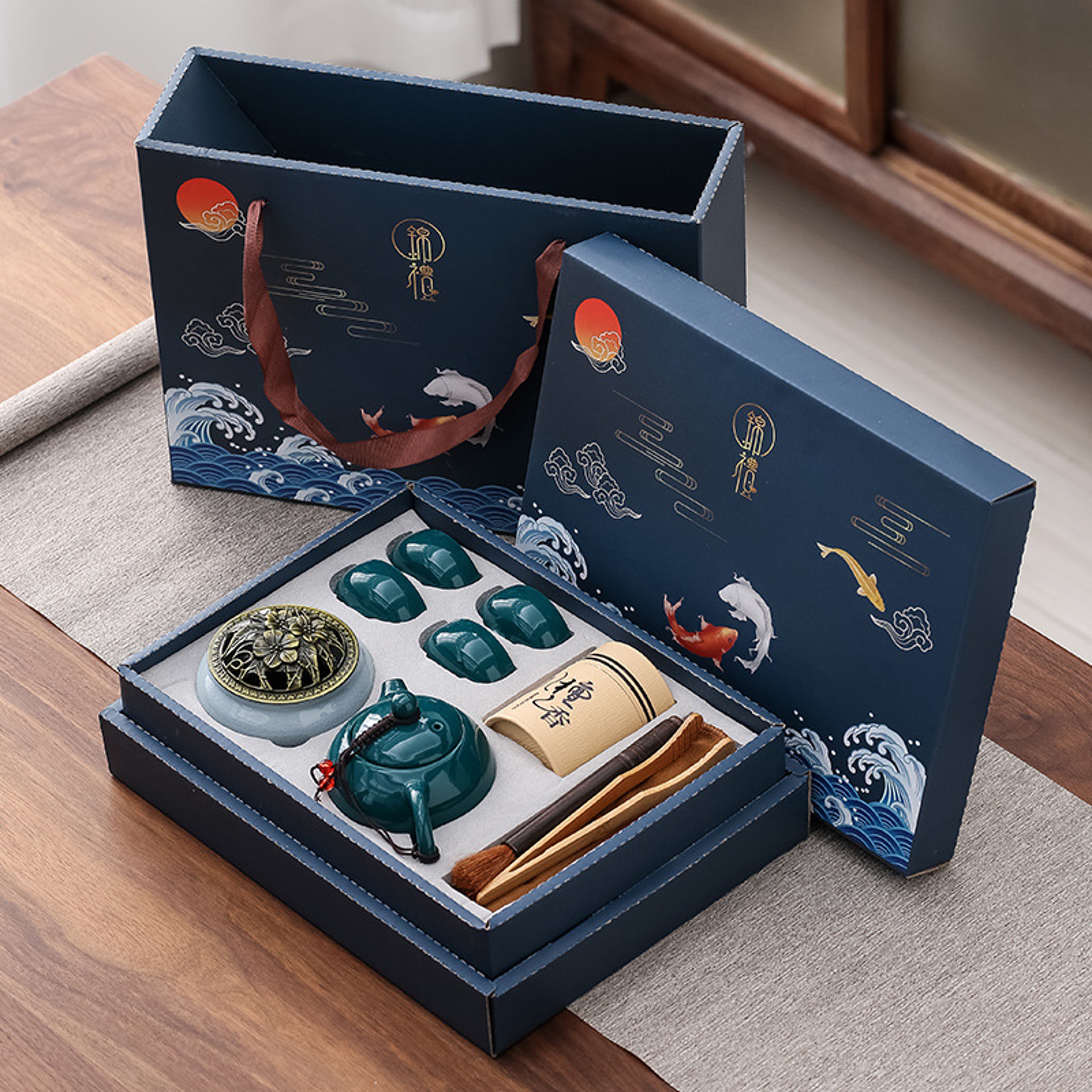 Ceramic Tea Set One Pot Four Cups Sandalwood Stove With Incense Burner Gift Box For Ceremony 0
