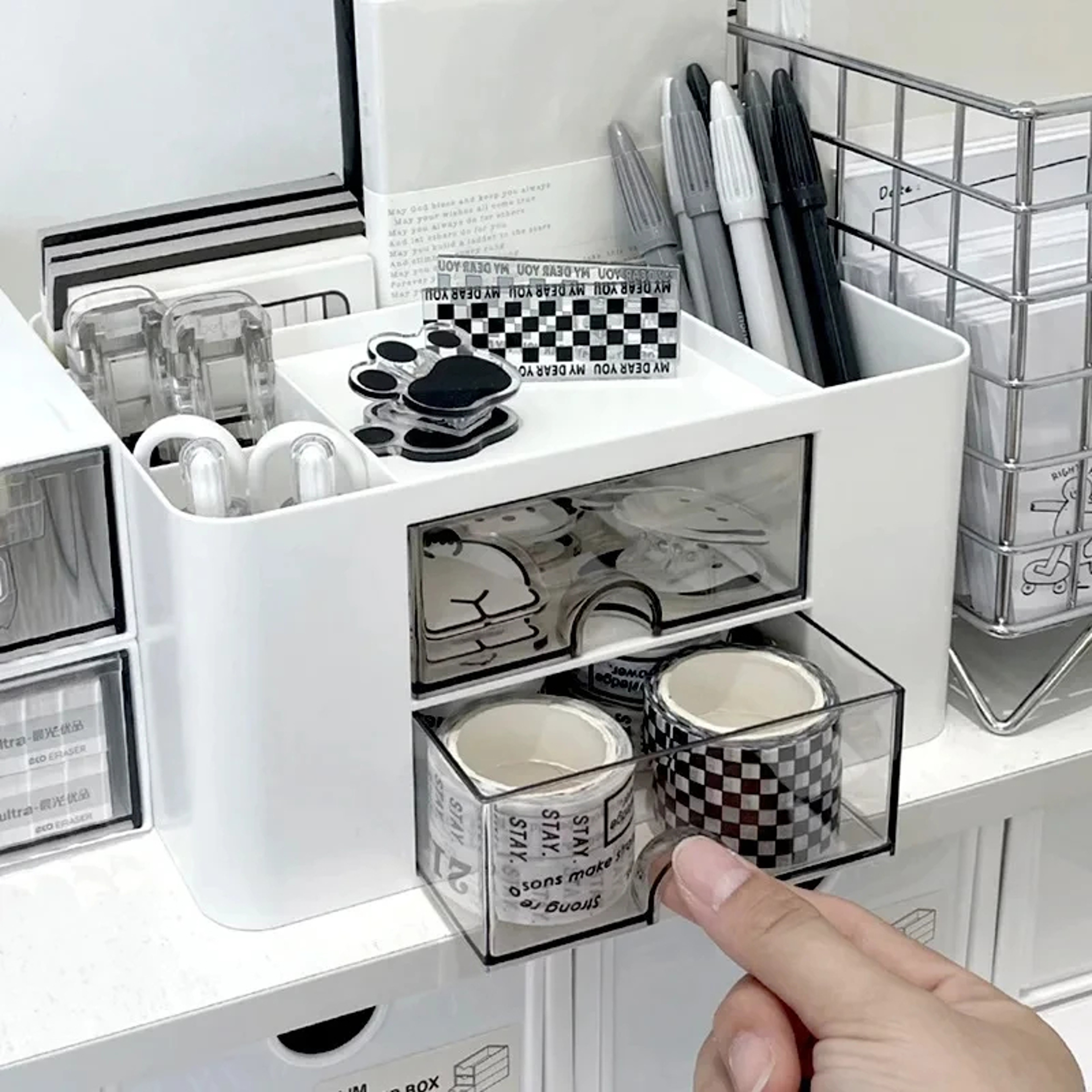 Stationery Storage Box Desk Office Pen Holder Drawer Type Multiple Compartments Dust Prevention For 0