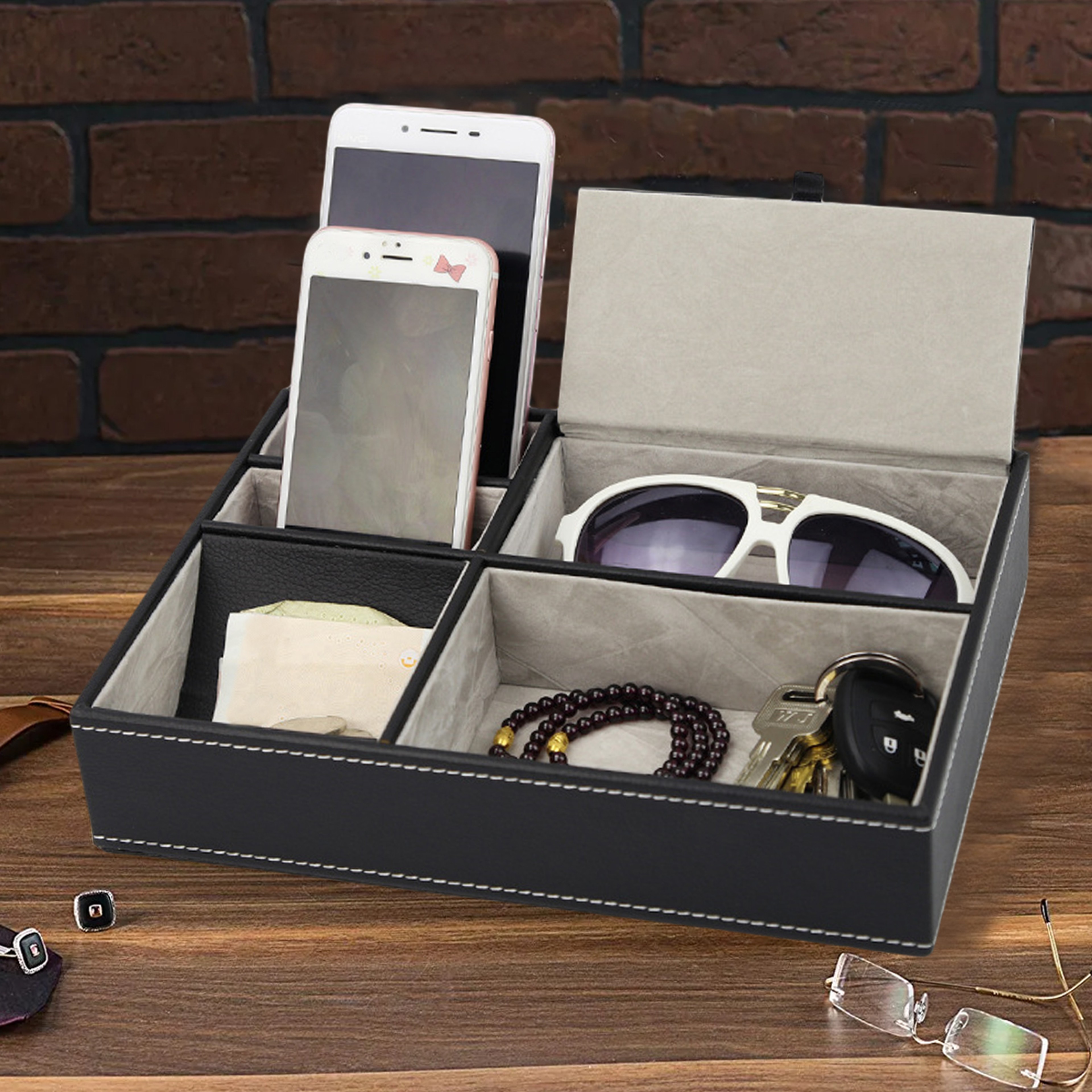 Leather Men Valet Tray Office Desktop Storage Box  Multi Functional Bedside Table Organizer For Des 0