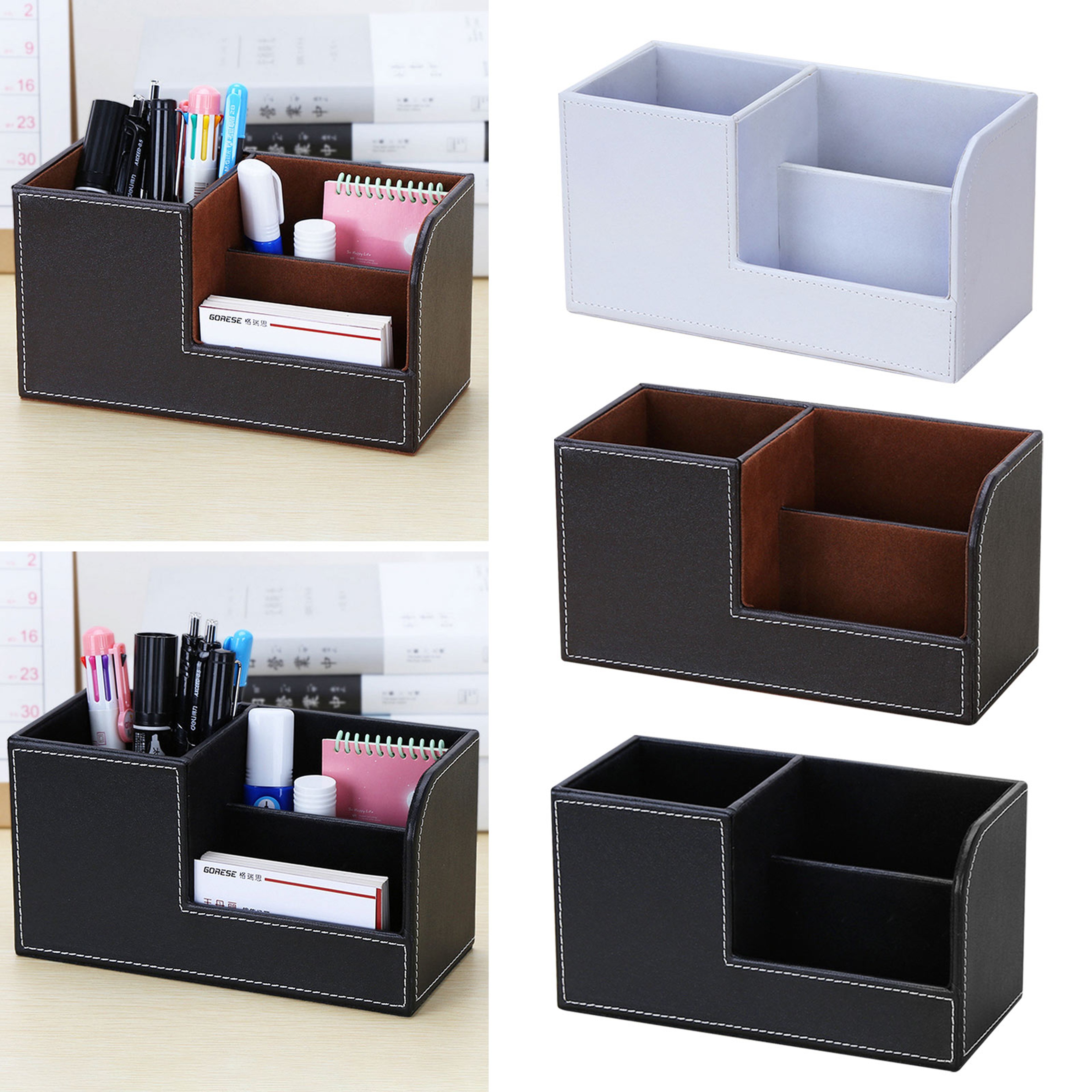 High Grade Leather Desk Organizer Pencil Pen Holder Caddy Storage Box With 3 C For Home Office And  0