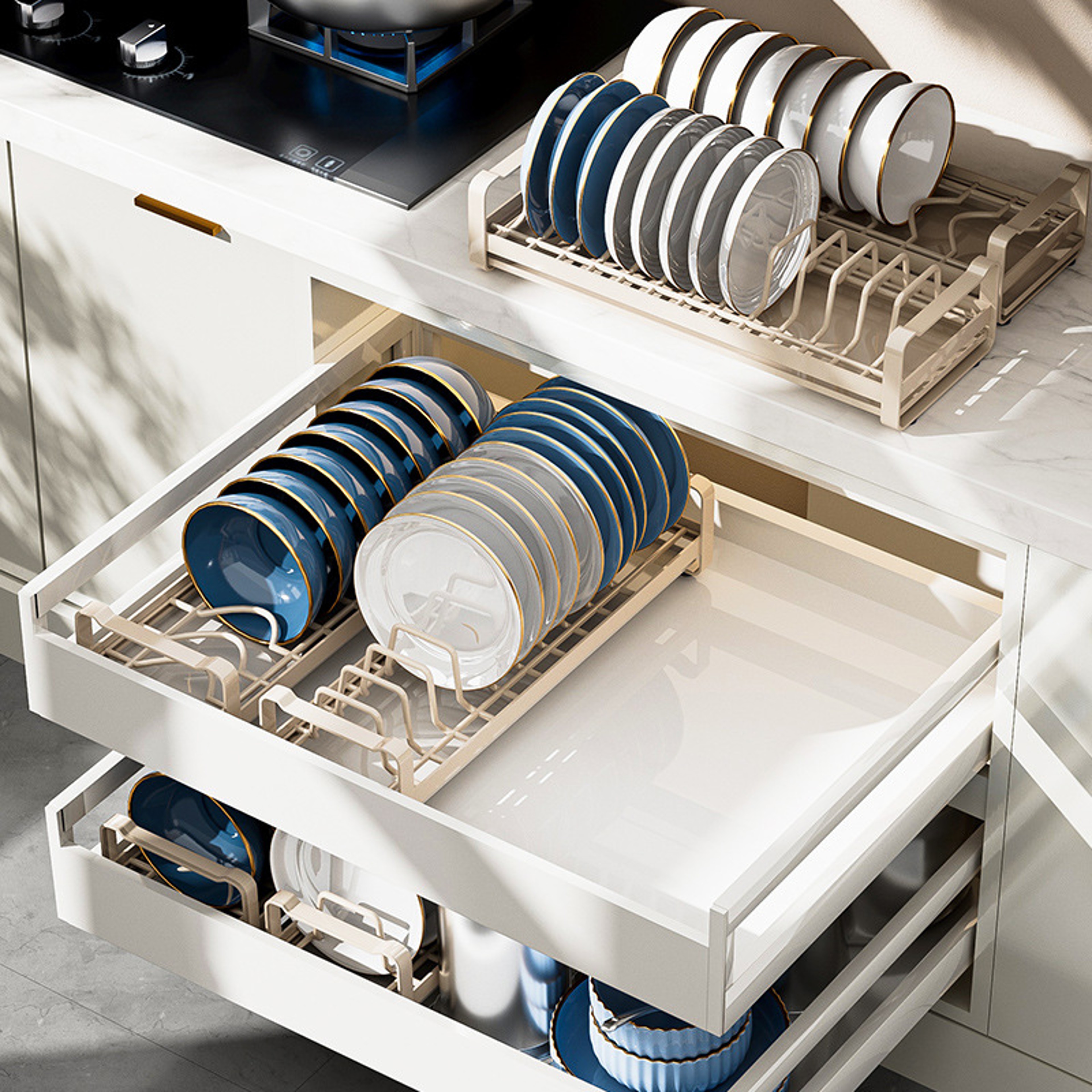 Pull Out Cabinet Dish Storage Rack Stainless Steel Plate Drain Stand Holder Kitchen Drawer Builtin  1