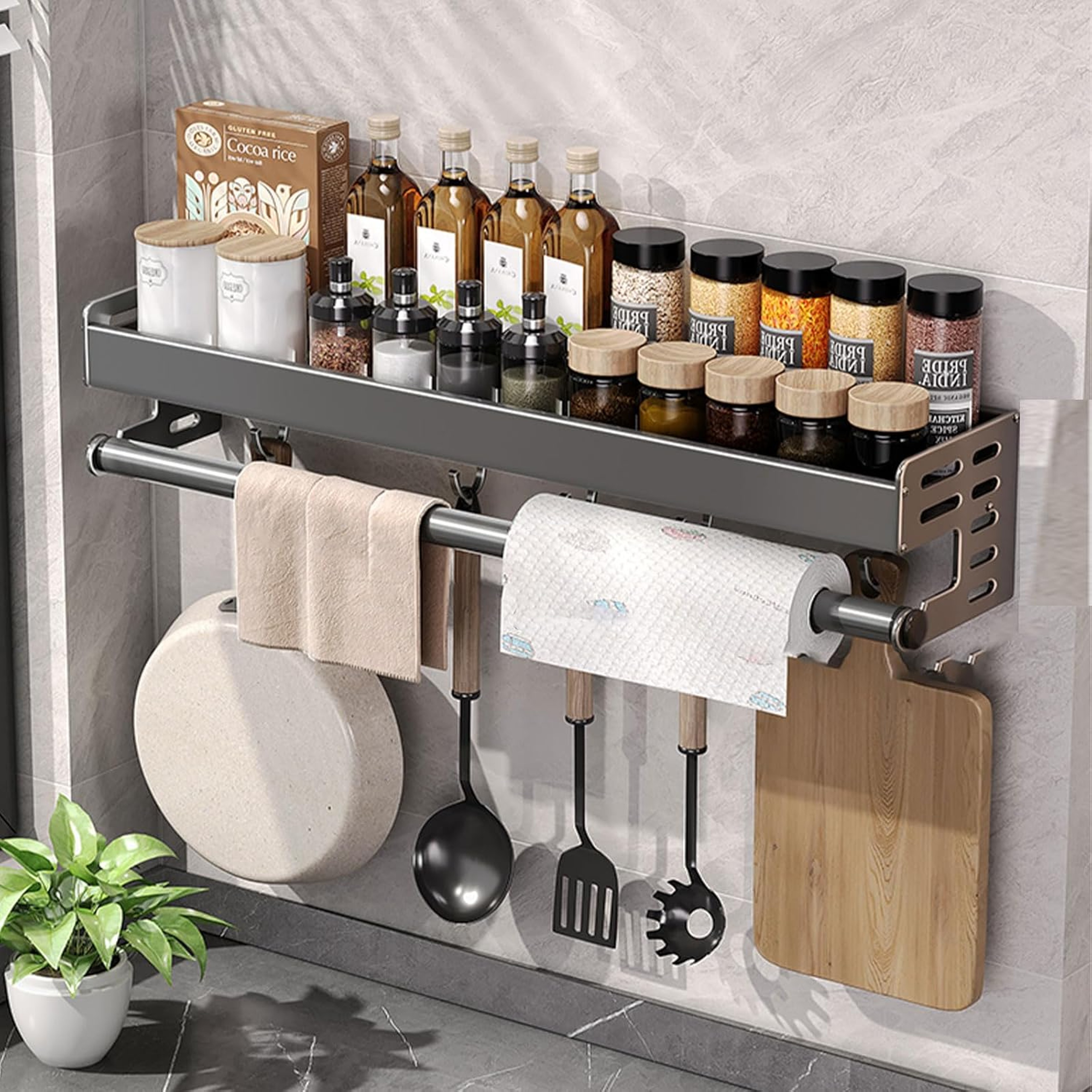 Wall Mount Utensil Holder MultiFunctional Spice Organizer Shelf Kitchen Hanging Storage Wall Shelf  0