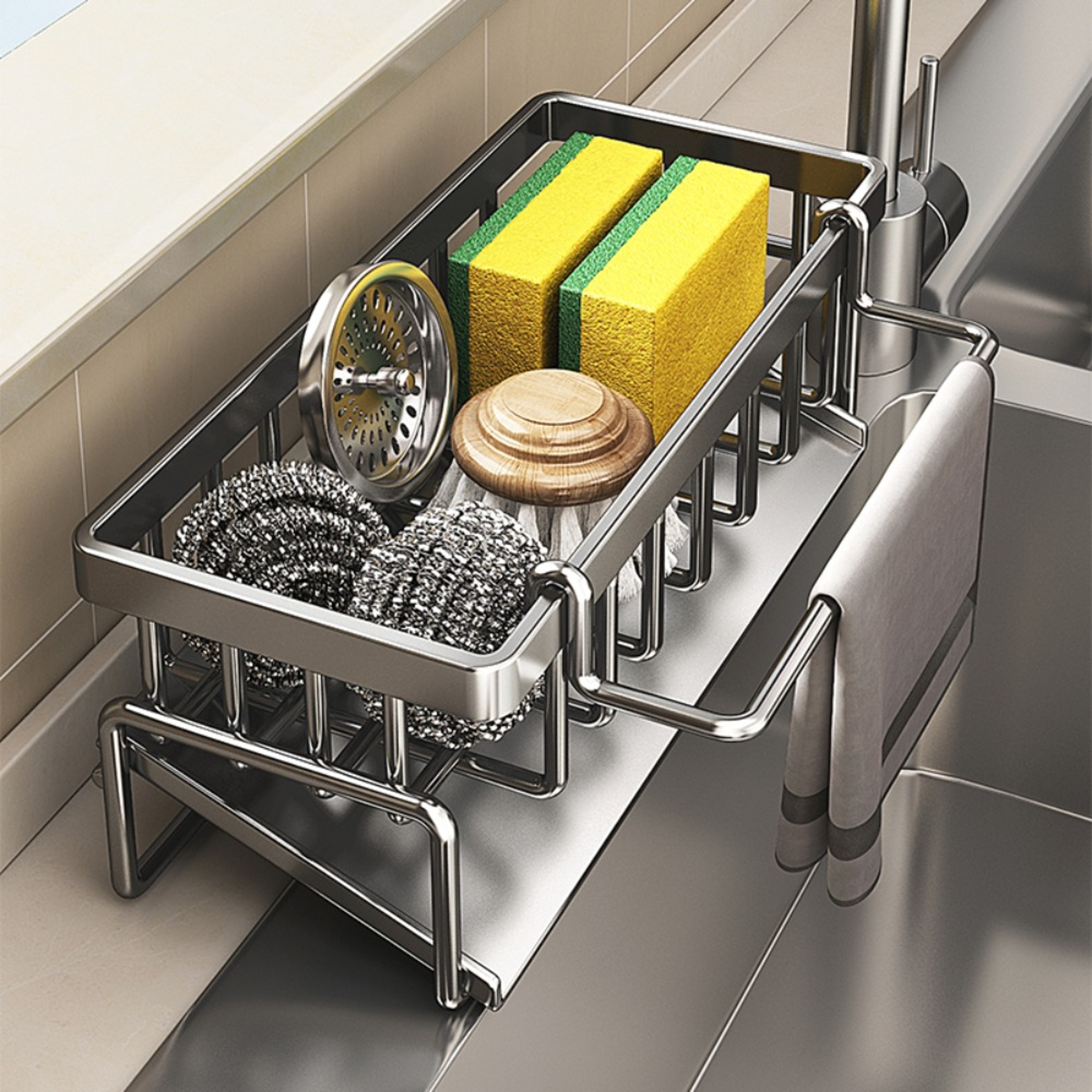 Stainless Steel Sink Organizer, Drain Rack with Soap Sponge Holder, Multi-Layer Filter Basket, Kitchen Storage Organizer – view 1