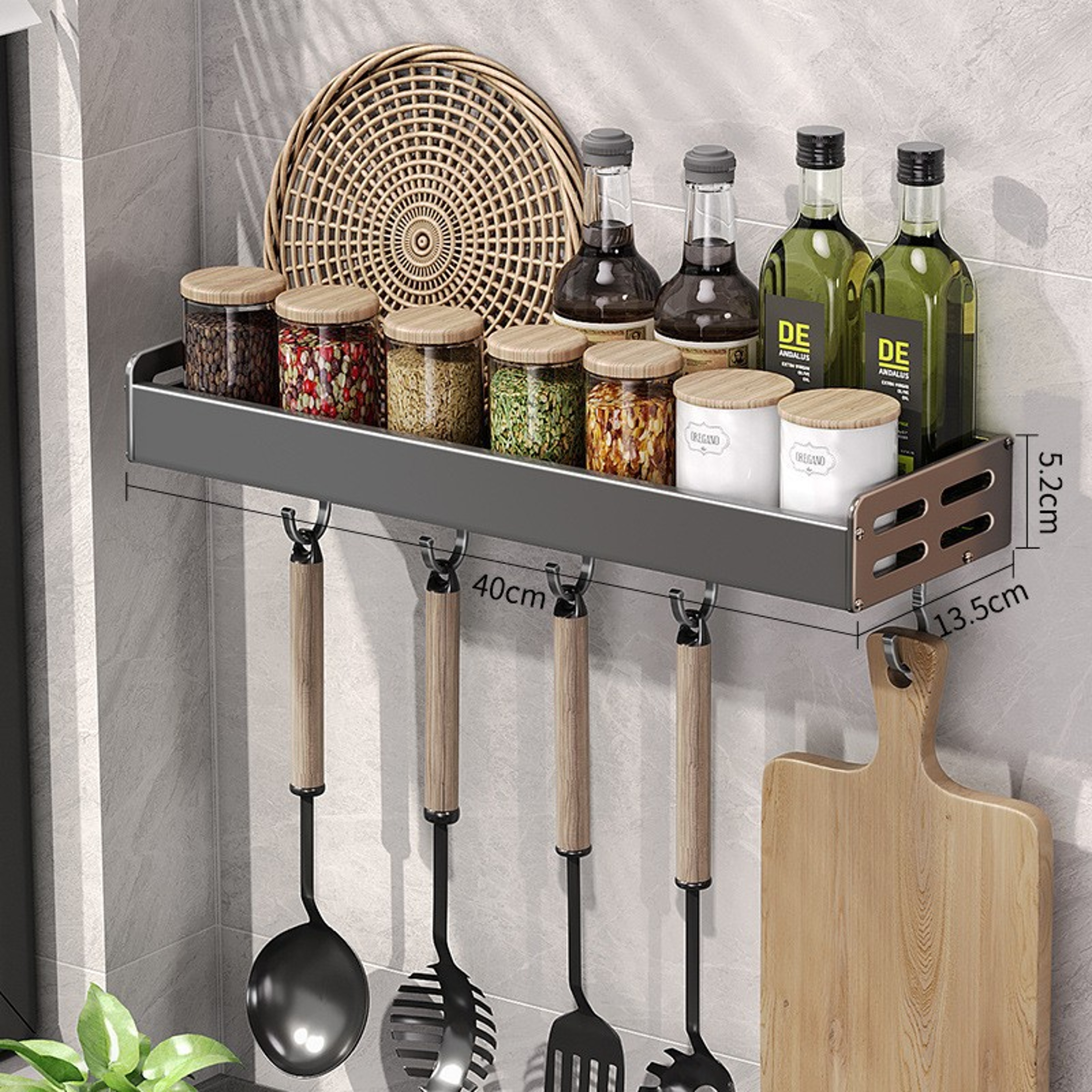 Wall Mount Utensil Holder Multi Functional Spice Organizer Shelf With Hooks Kitchen Hanging Storage 6