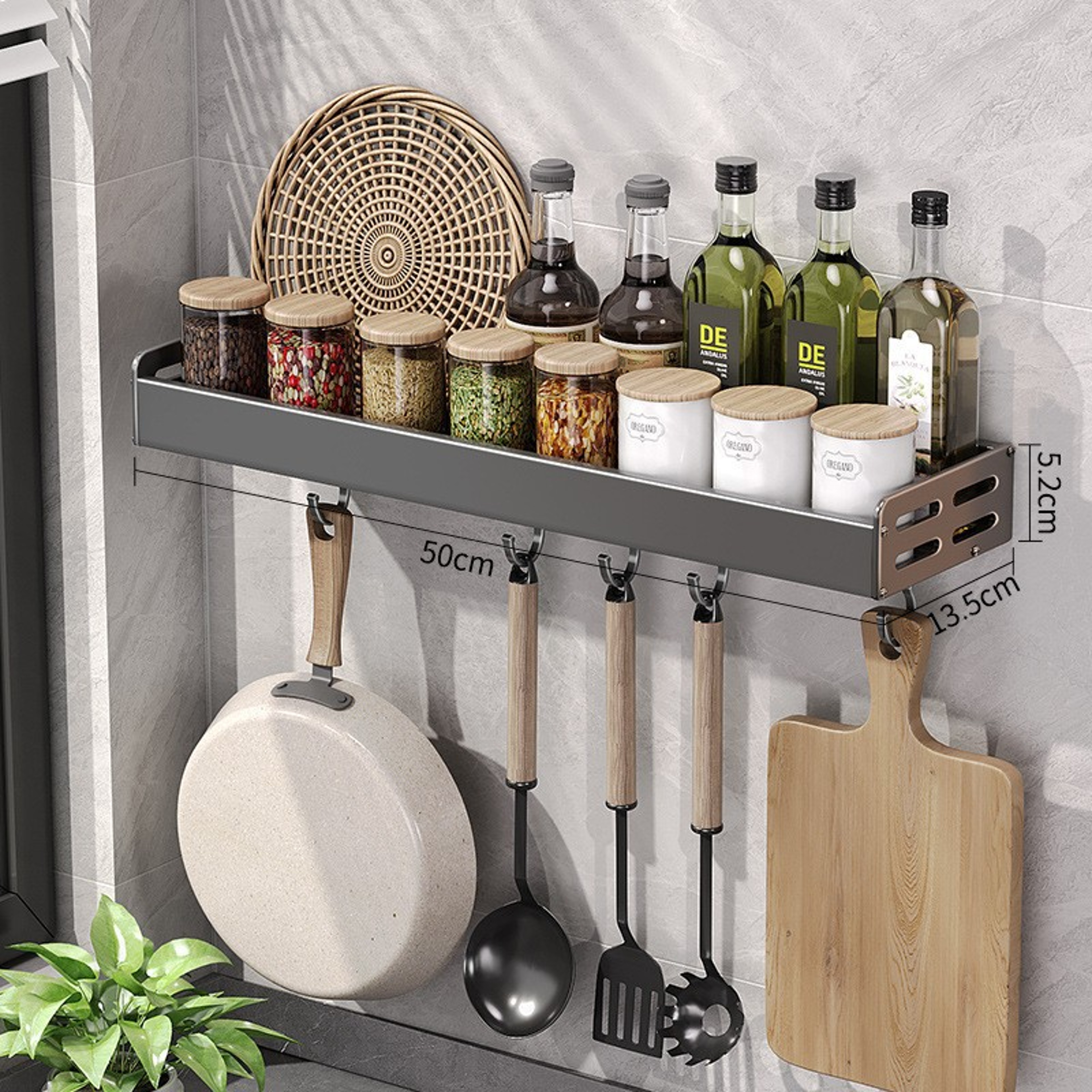 Wall Mount Utensil Holder Multi Functional Spice Organizer Shelf With Hooks Kitchen Hanging Storage 7