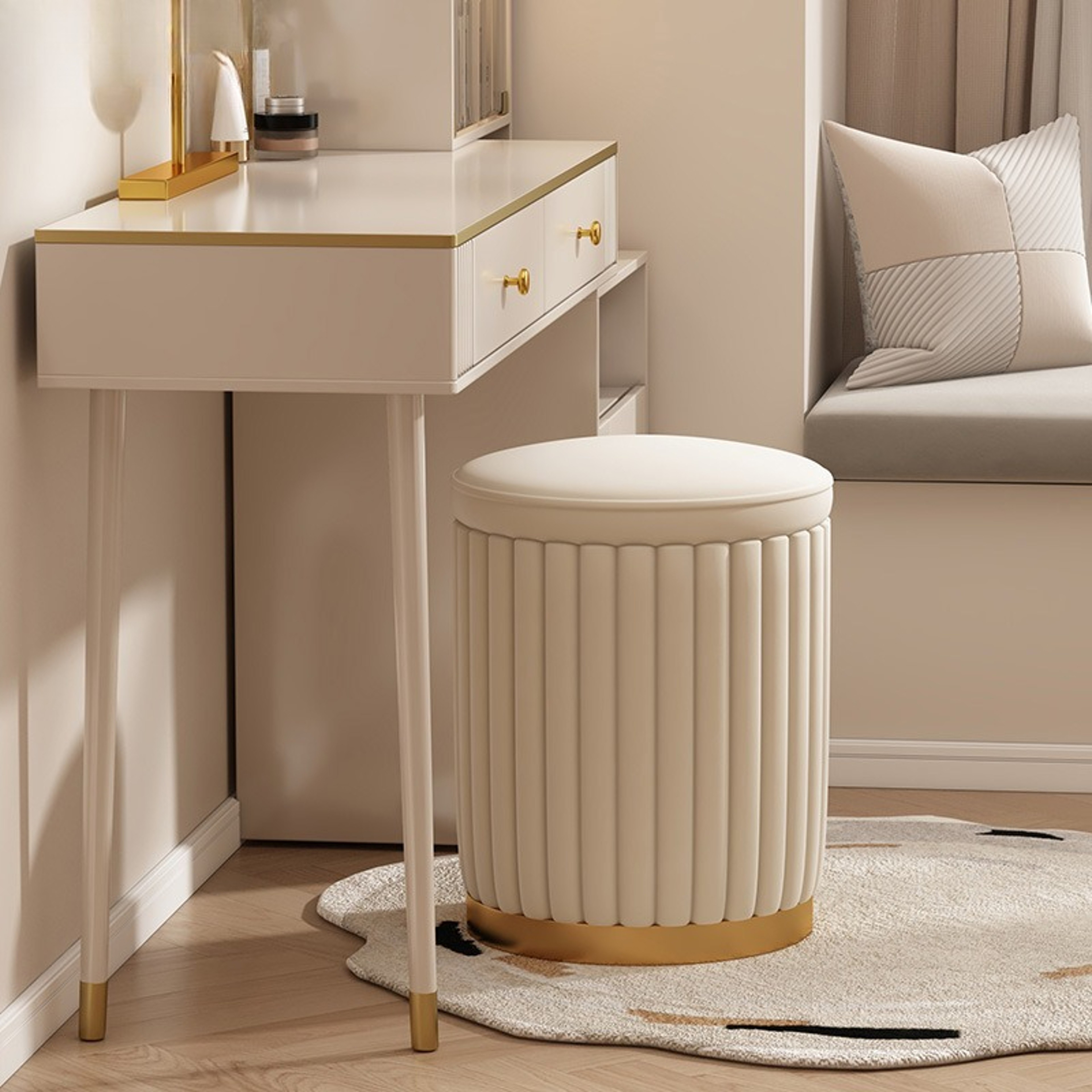 Makeup Stool Bedroom Multi Functional Storage Vanity Stool Cream Style Nail Circular Low Stool With 0