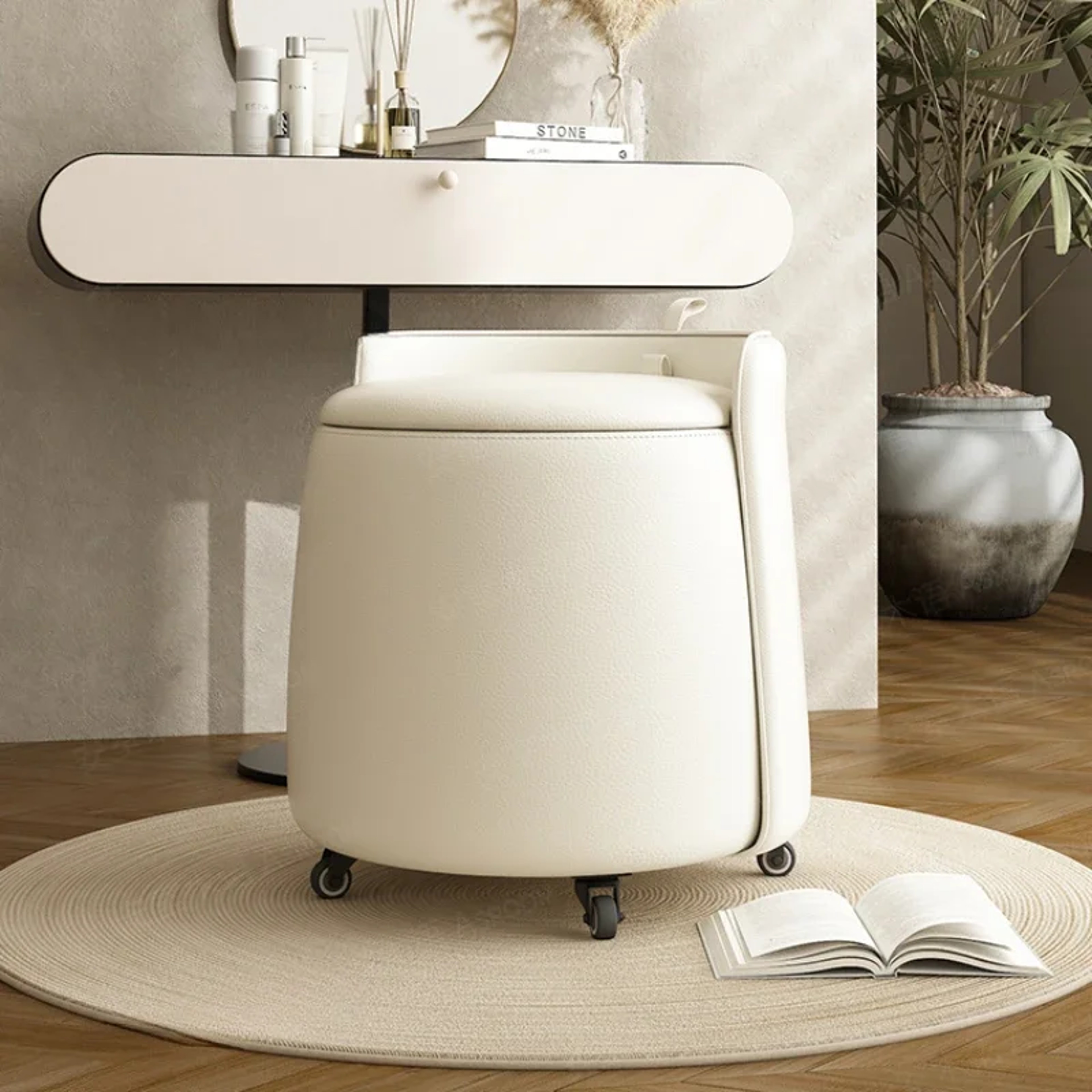 Storage Pulley Makeup Stool With Pulley Simple And Luxurious Solid Wood Makeup Stool Backrest Low C 2