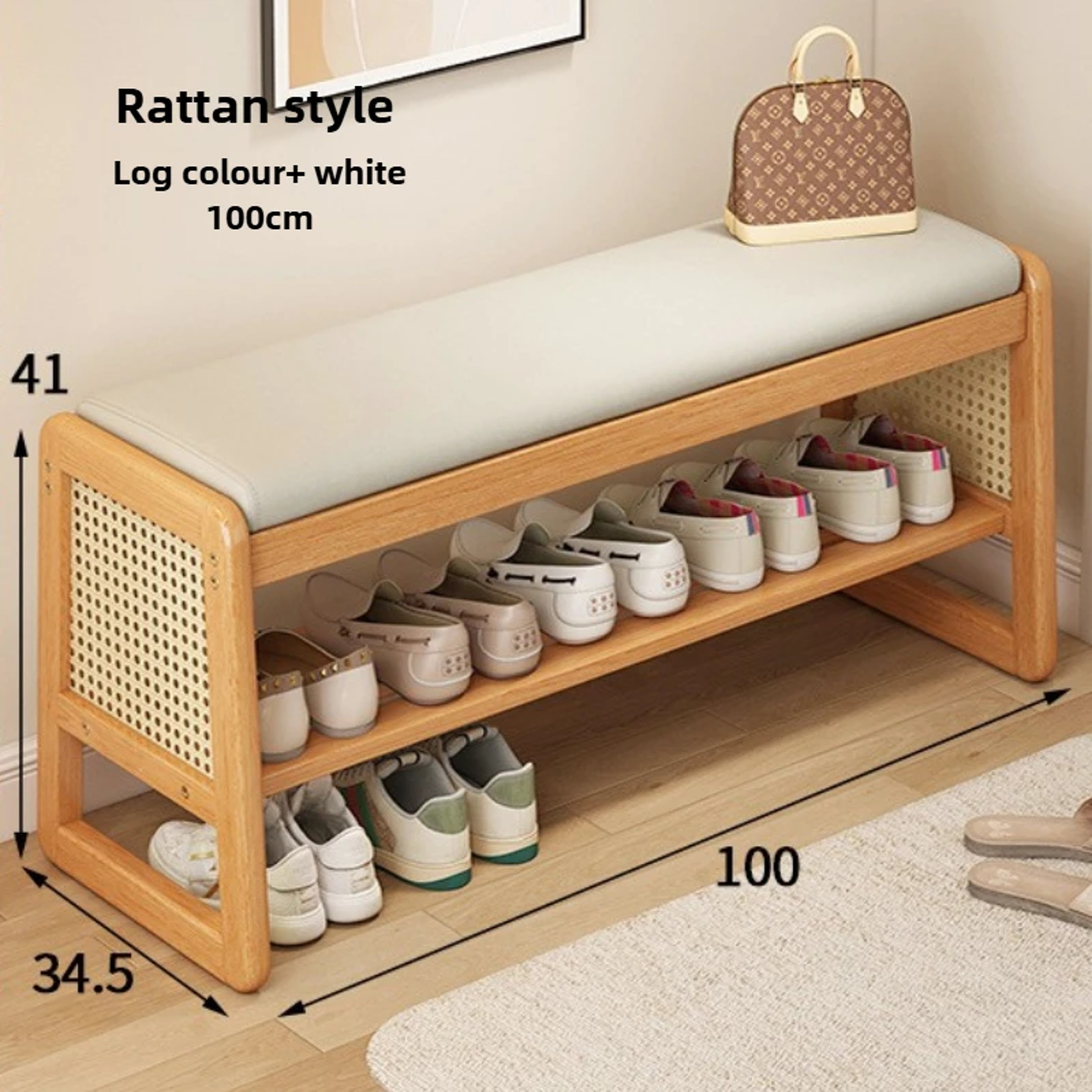 Woven Shoe Changing Stool MultiLayer Storage Solid Wood Entrance Door Bench Can Sit On Shoe Stool F 9