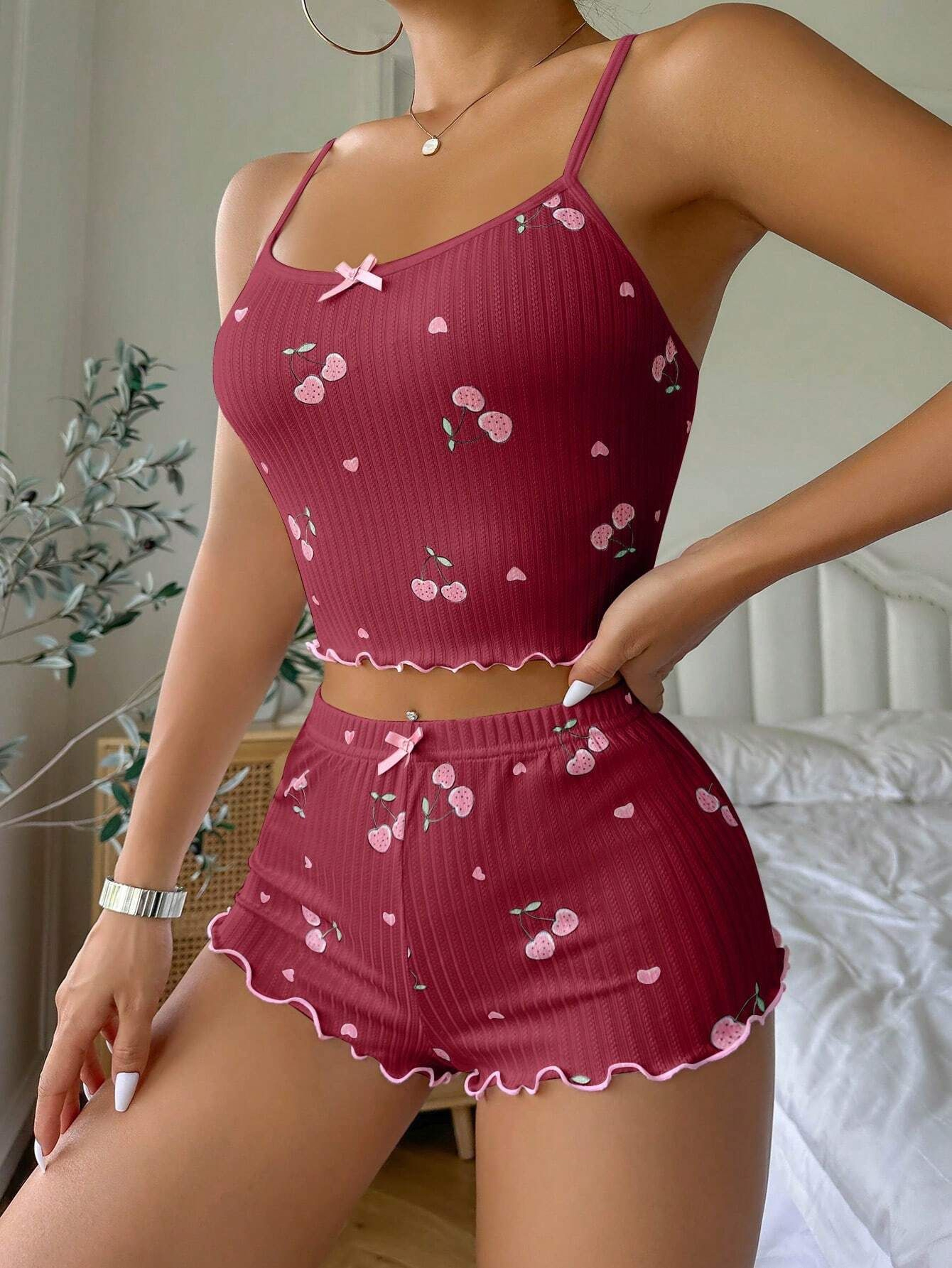 Women Heart Print Sexy Ribbed Bow Decor Pajama Set Round Neck Backless Comfortable Crop Cami Top  S 3