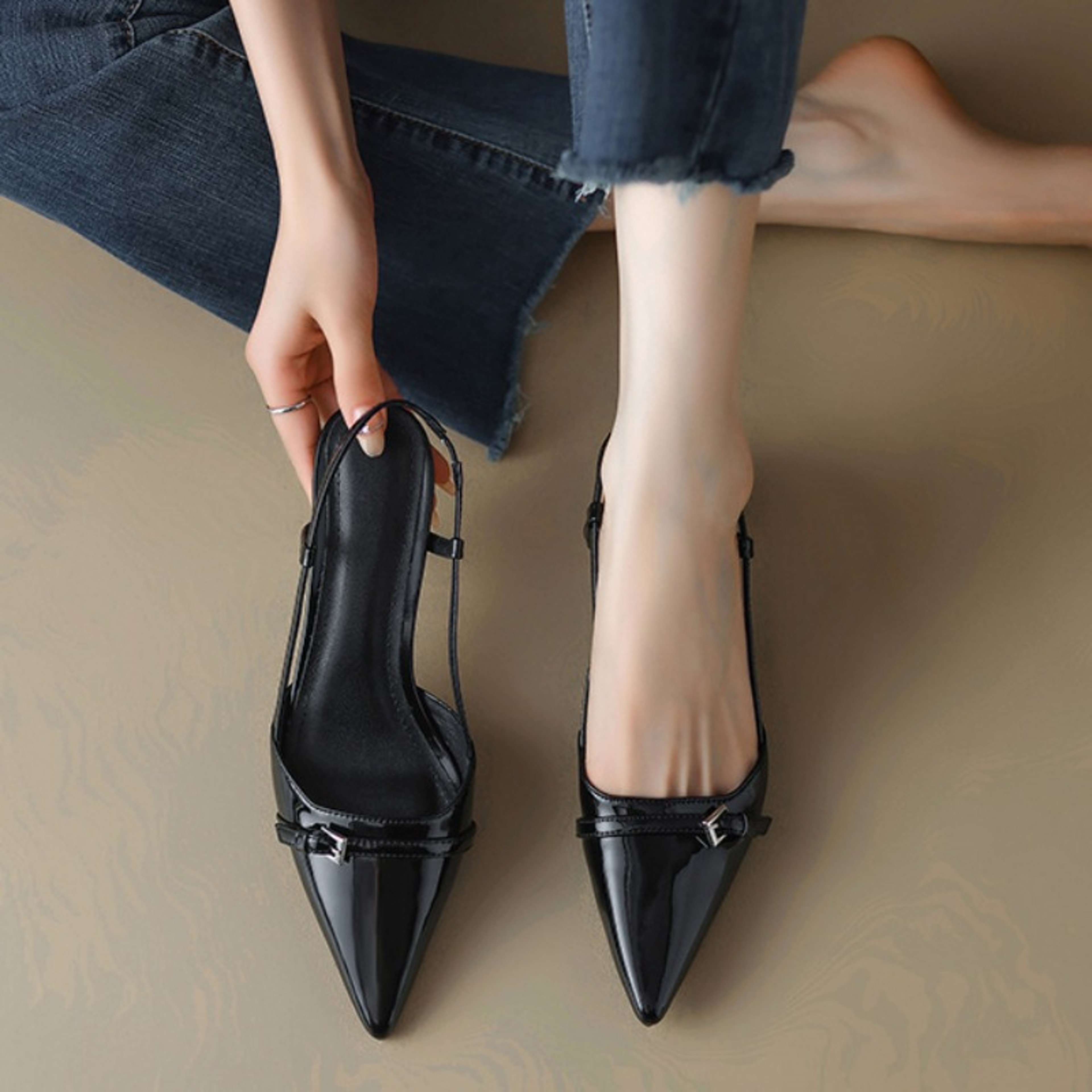 Summer Women Dress Shoes Patent Leather Slip On Pointed Toe Sandals Buckle Sling Backs Mid Heels Pu 1