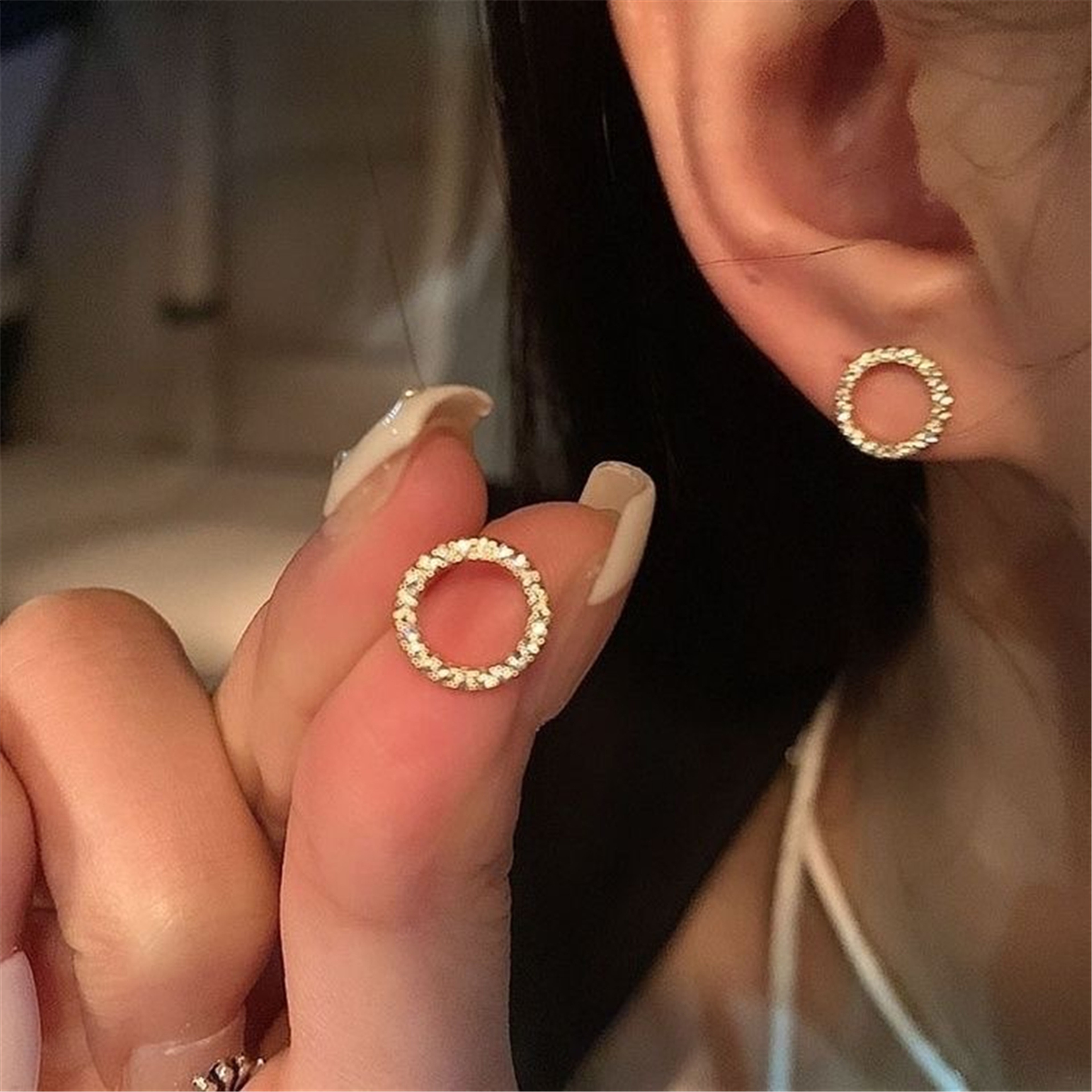 Simple Gold Color Crystal Stud Earrings Silver Needle Small Circle Earrings For Women Fashion Jewel 0