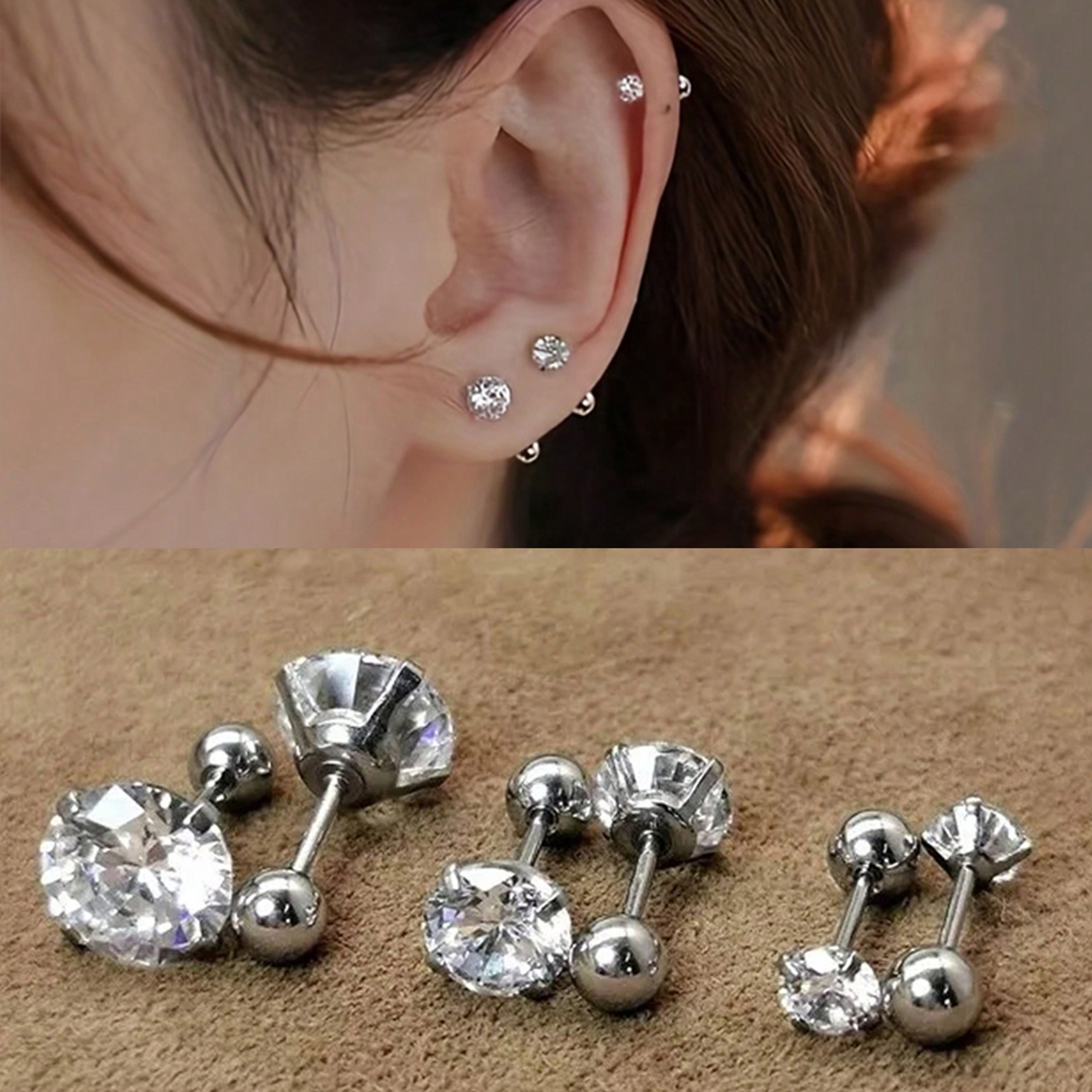 Classic Zircon Stud Earrings For Women Stainless Steel Cartilage Piercing Jewelry Elegant Girls Ear 7