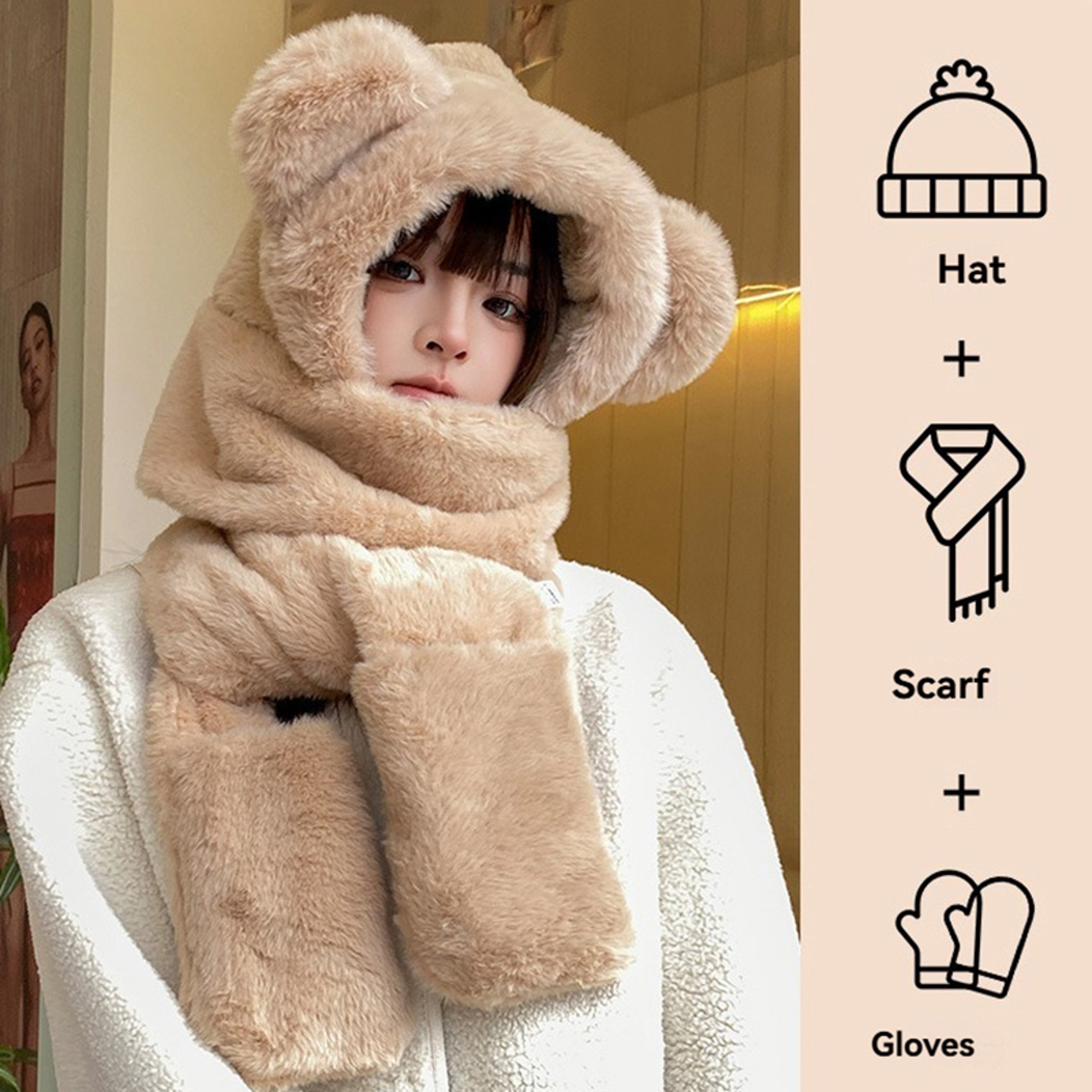 Winter Warm Plush Fleece Bear Ear Hooded Cap Scarf  Gloves Set Windproof Outdoor Accessories For Co 2
