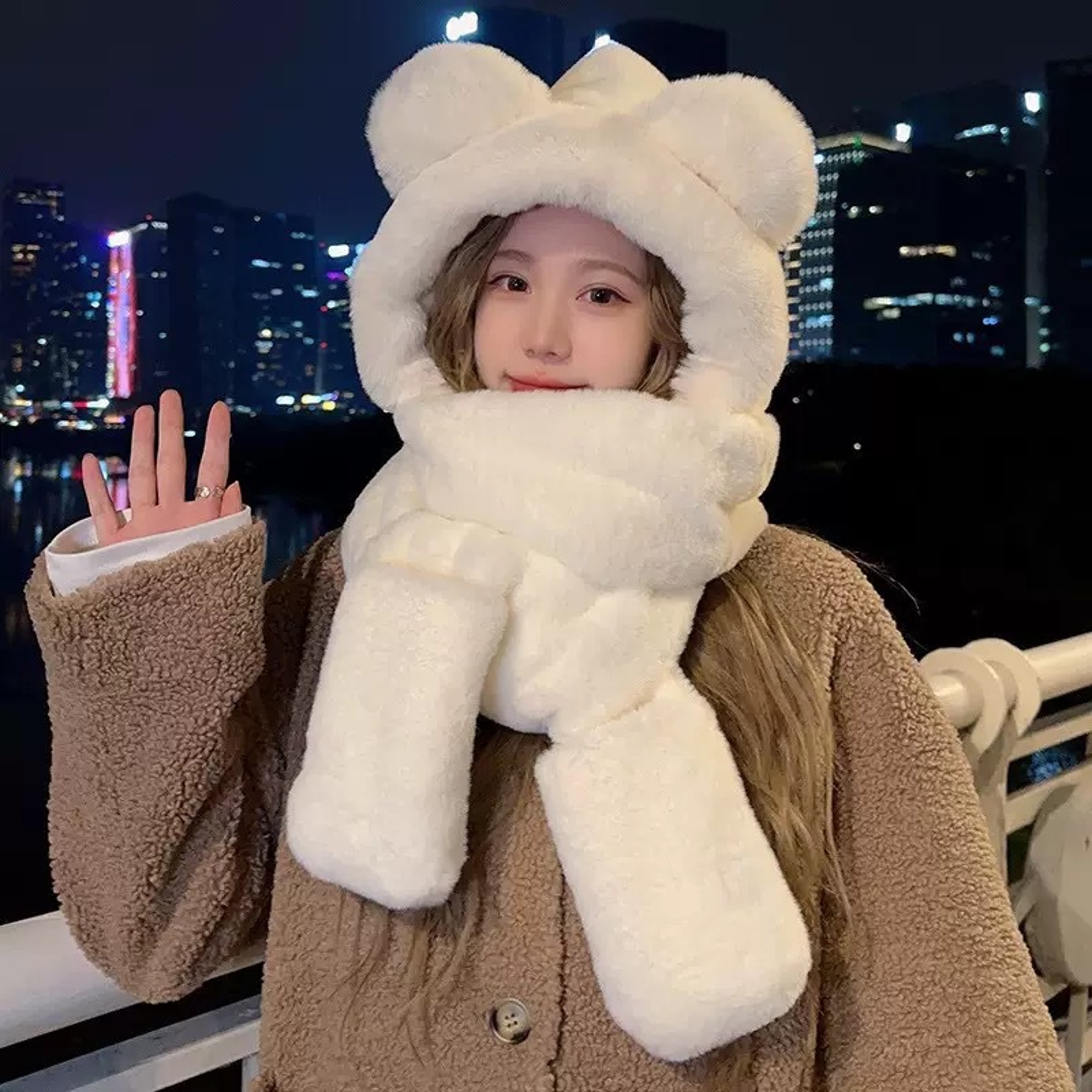 Winter Warm Plush Fleece Bear Ear Hooded Cap Scarf  Gloves Set Windproof Outdoor Accessories For Co 0